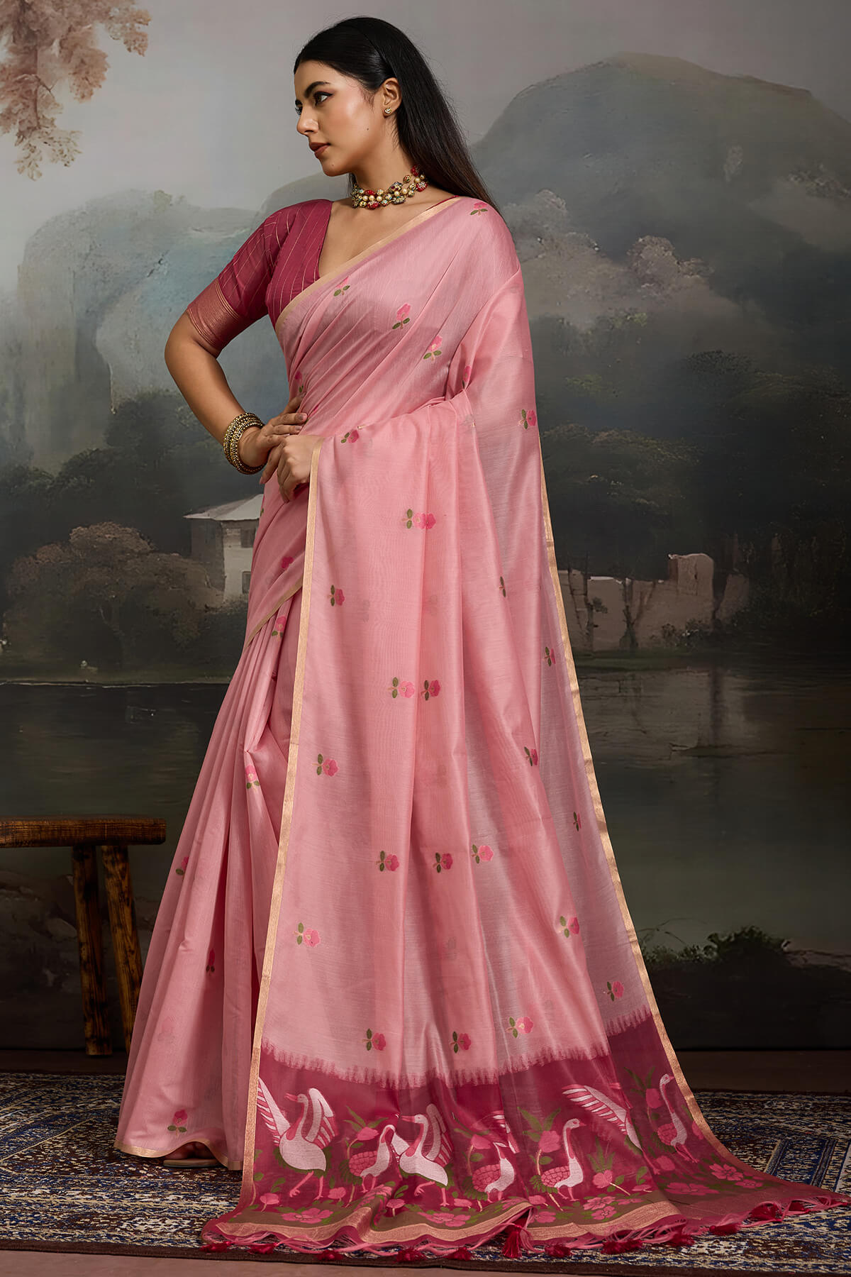 Rhapsody Pink Pure Munga Cotton Silk Saree With Blooming Blouse Piece