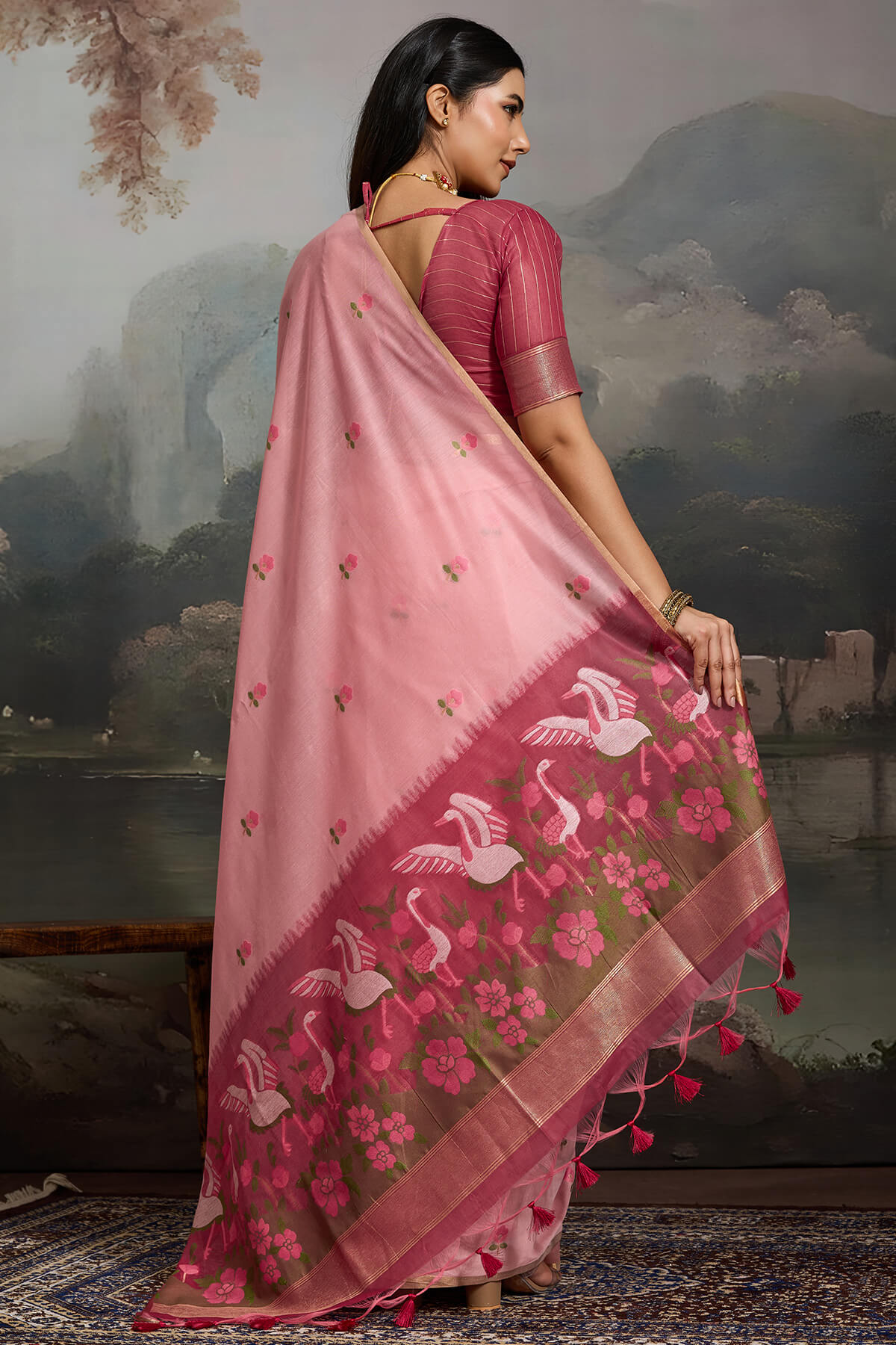 Rhapsody Pink Pure Munga Cotton Silk Saree With Blooming Blouse Piece