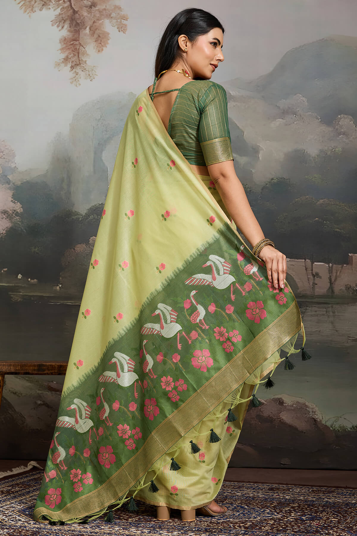Angelic Pista Pure Munga Cotton Silk Saree With Fairytale Blouse Piece