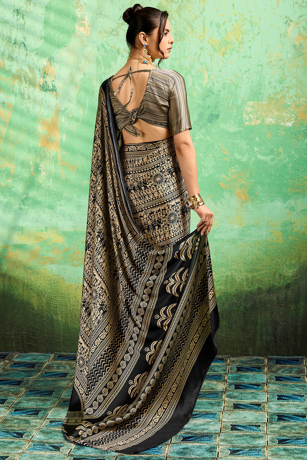 Epiphany Black Ajrakh Printed Satin Silk Saree With Luxuriant Blouse Piece