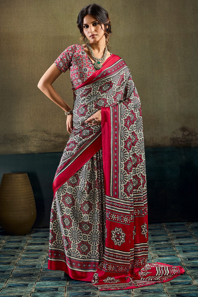 Sophisticated Dark Pink Ajrakh Printed Satin Silk Saree With Piquant Blouse Piece