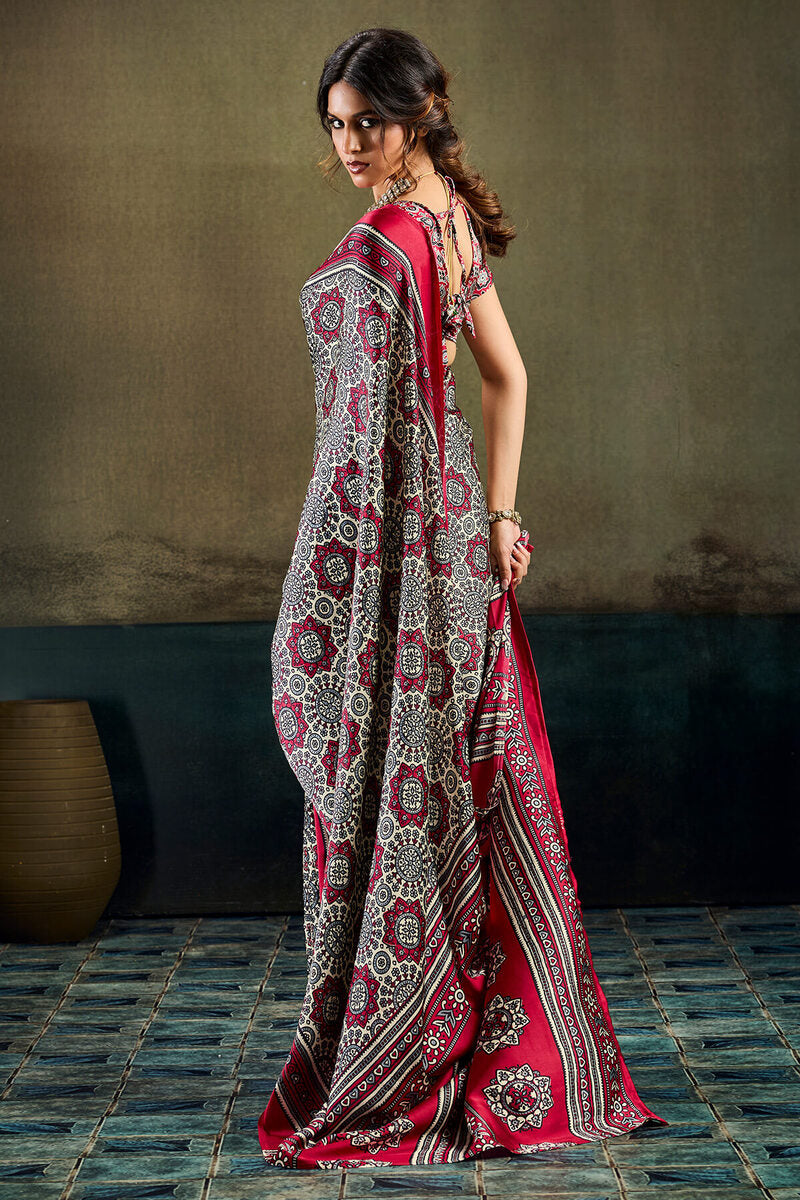 Sophisticated Dark Pink Ajrakh Printed Satin Silk Saree With Piquant Blouse Piece