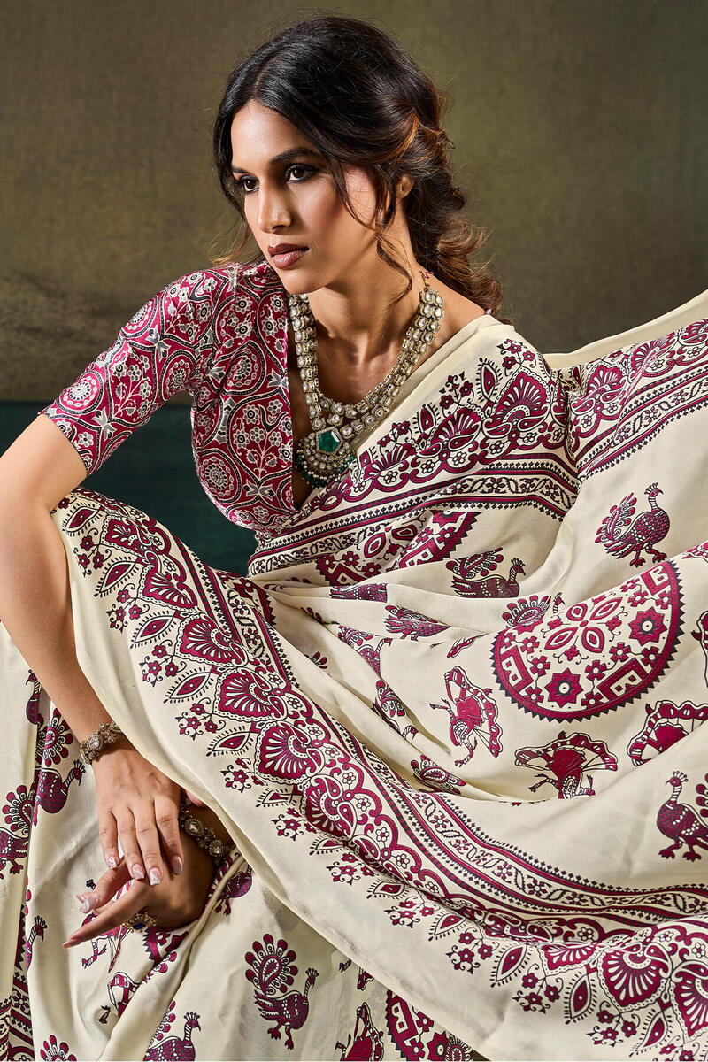 Surpassing Beige Ajrakh Printed Satin Silk Saree With Mesmeric Blouse Piece