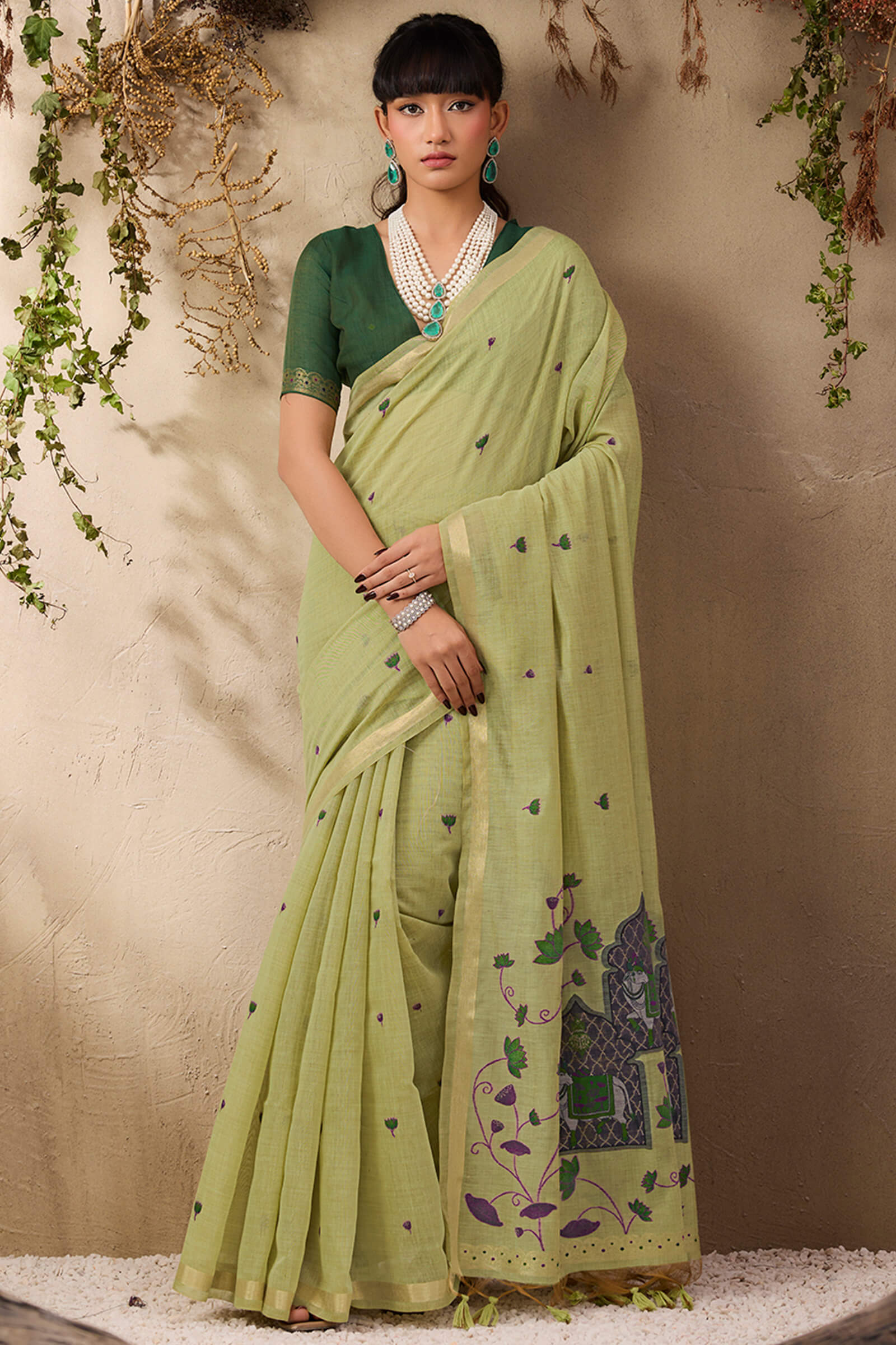 Surreptitious Green Cotton Silk Saree With Ephemeral Blouse Piece