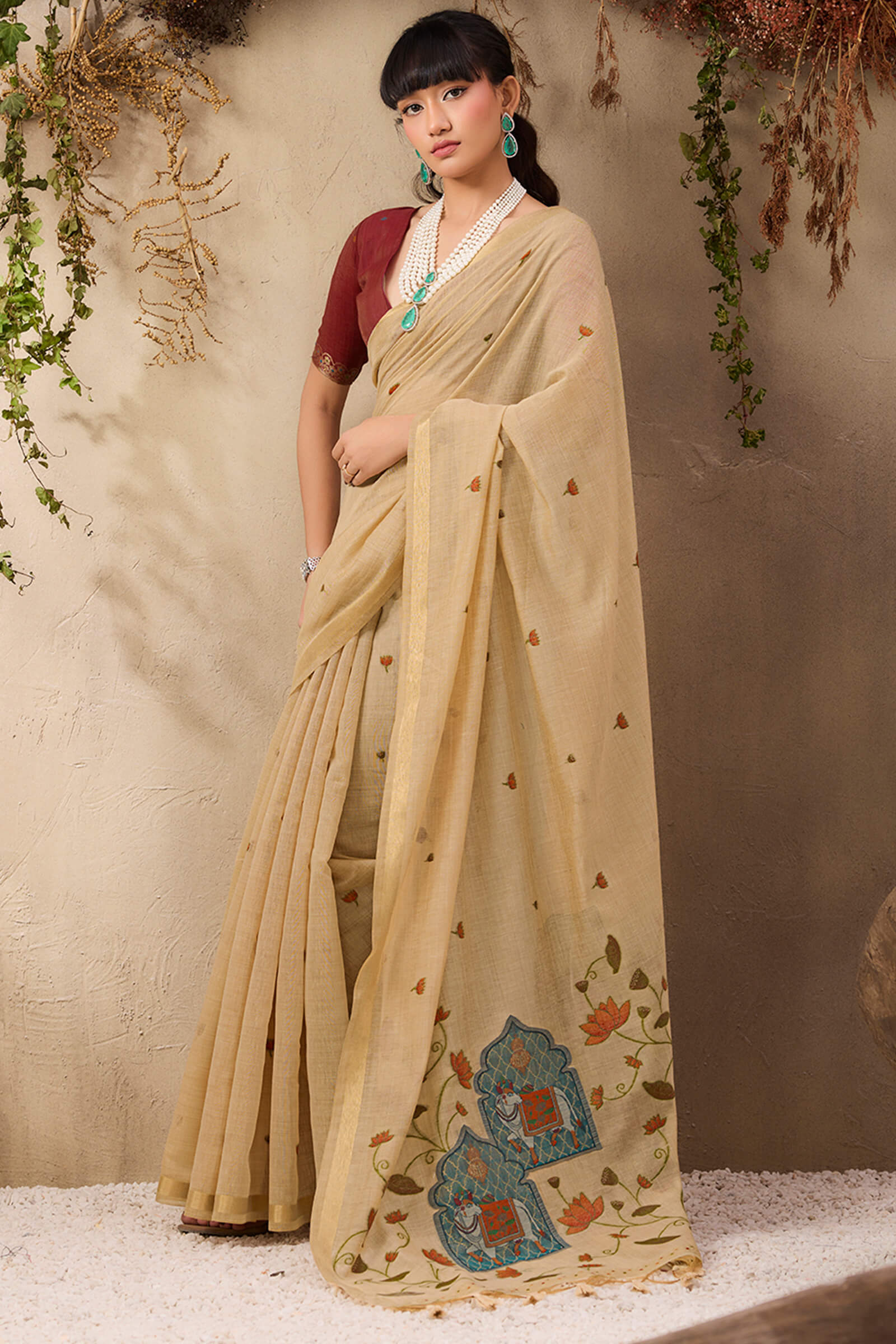 Girlish Beige Cotton Silk Saree With Serendipity Blouse Piece