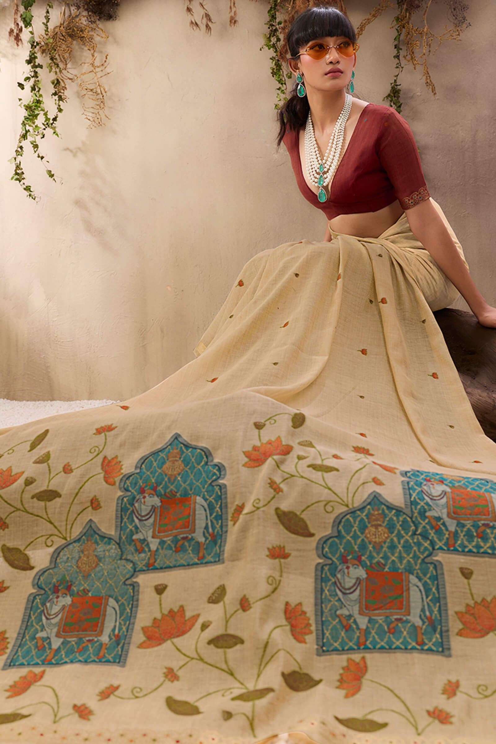 Girlish Beige Cotton Silk Saree With Serendipity Blouse Piece