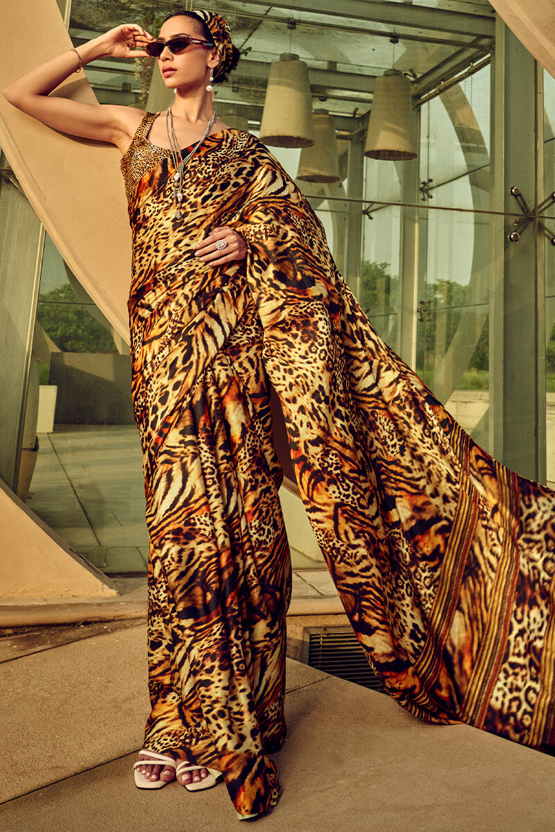 Majestic Brown Digital Printed Satin Silk Saree With Radiant Blouse Piece