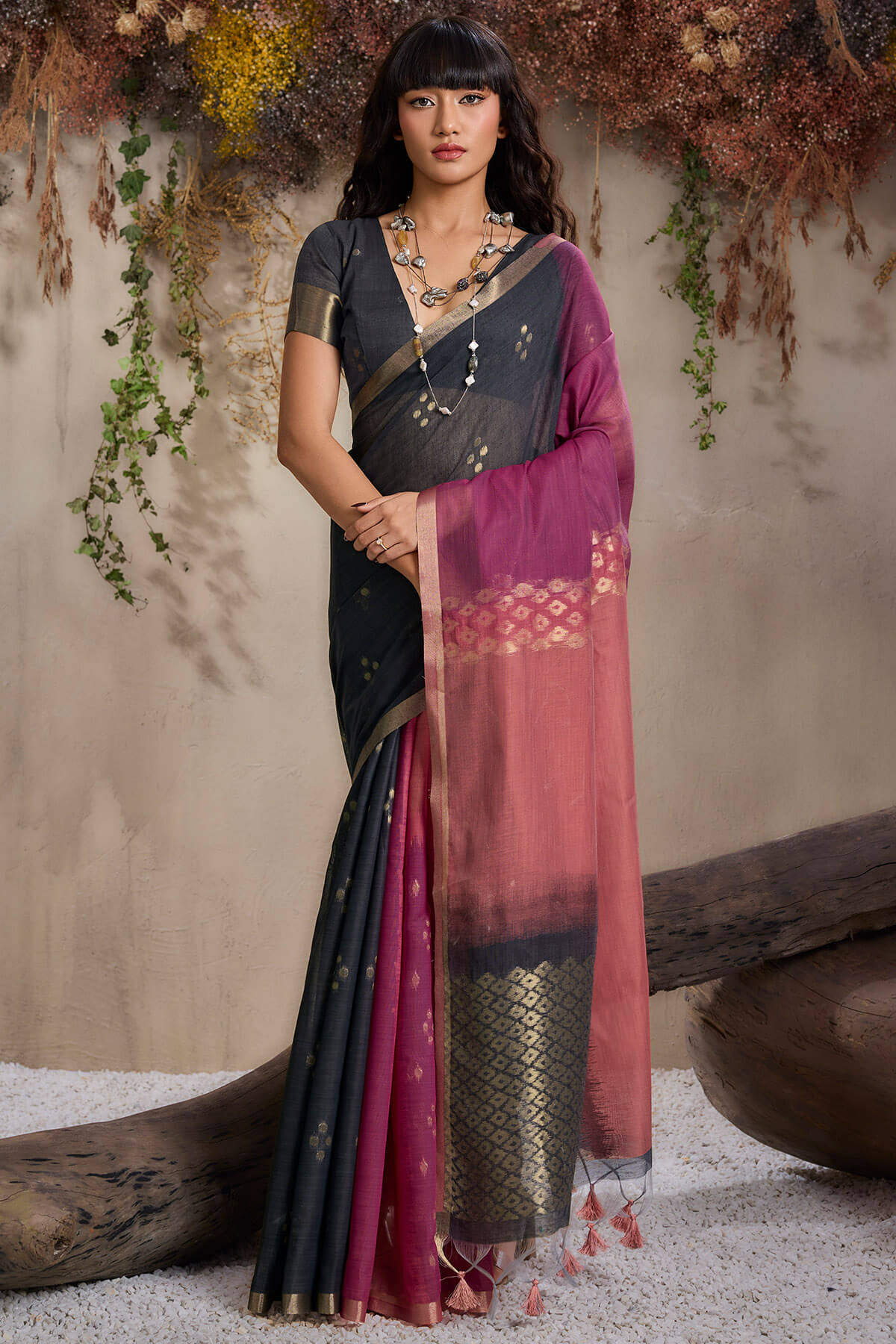 Forbearance Black and Wine Viscose Cotton Silk Saree With Gleaming Blouse Piece
