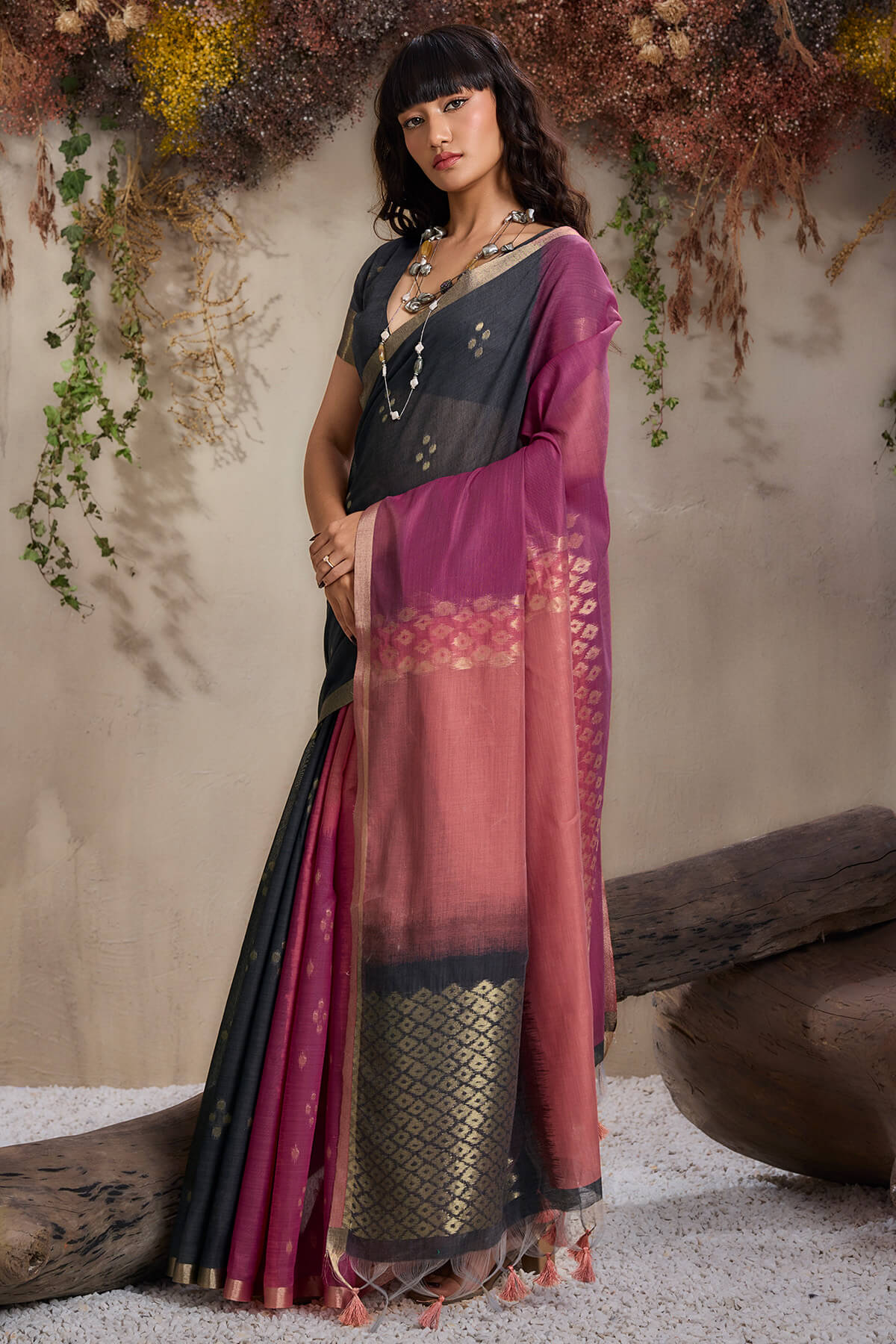Forbearance Black and Wine Viscose Cotton Silk Saree With Gleaming Blouse Piece