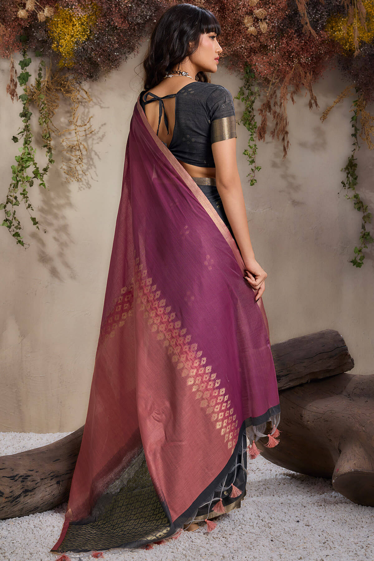 Forbearance Black and Wine Viscose Cotton Silk Saree With Gleaming Blouse Piece