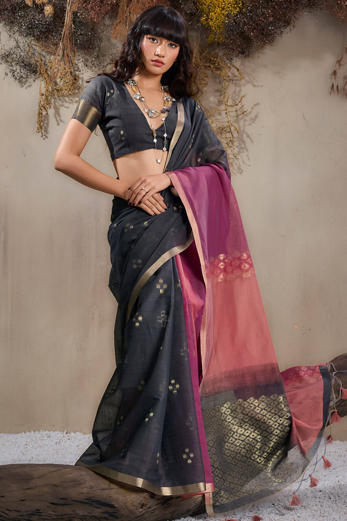 Forbearance Black and Wine Viscose Cotton Silk Saree With Gleaming Blouse Piece