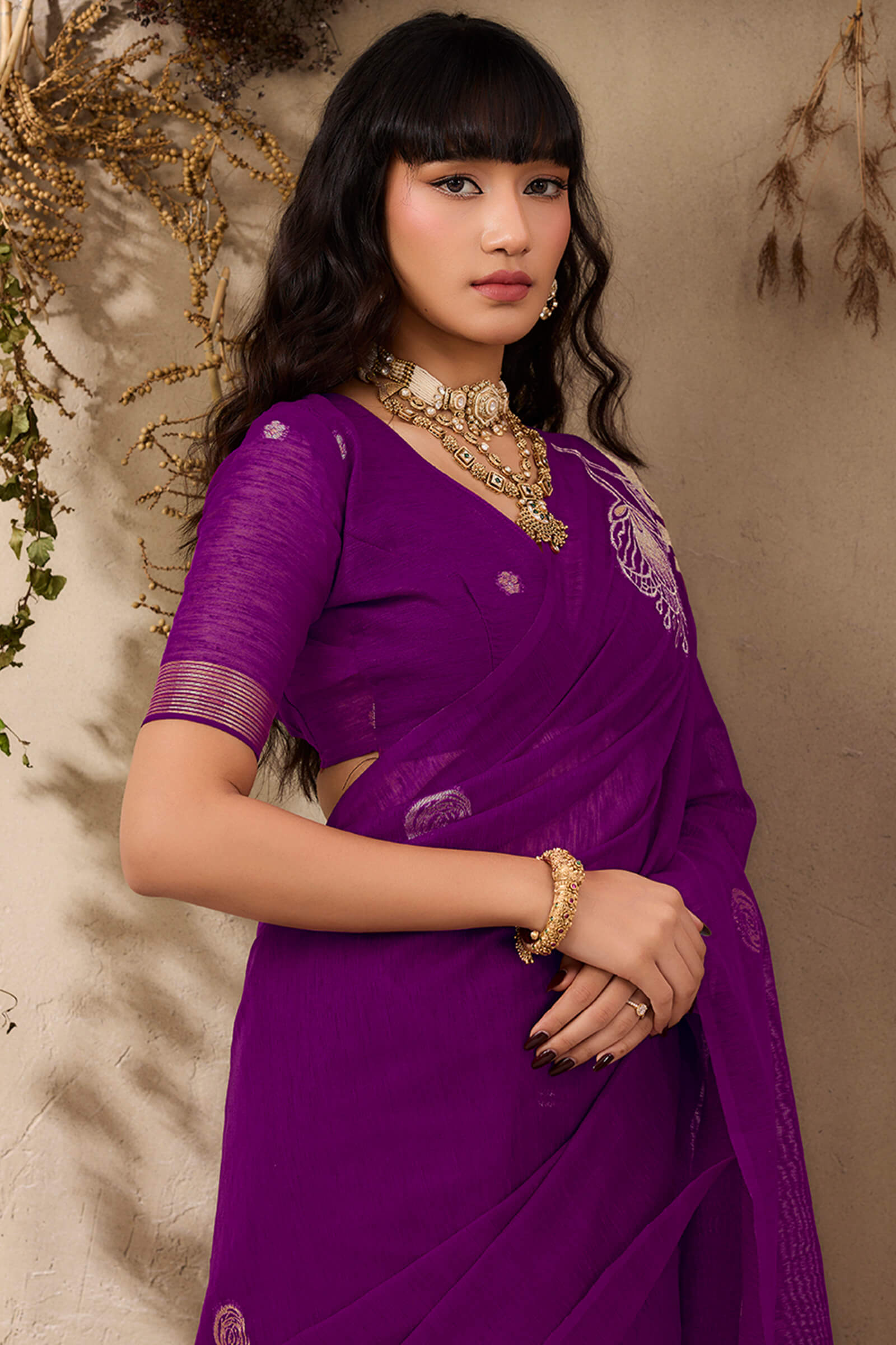 Denouement Purple Cotton Silk Saree With Mesmeric Blouse Piece