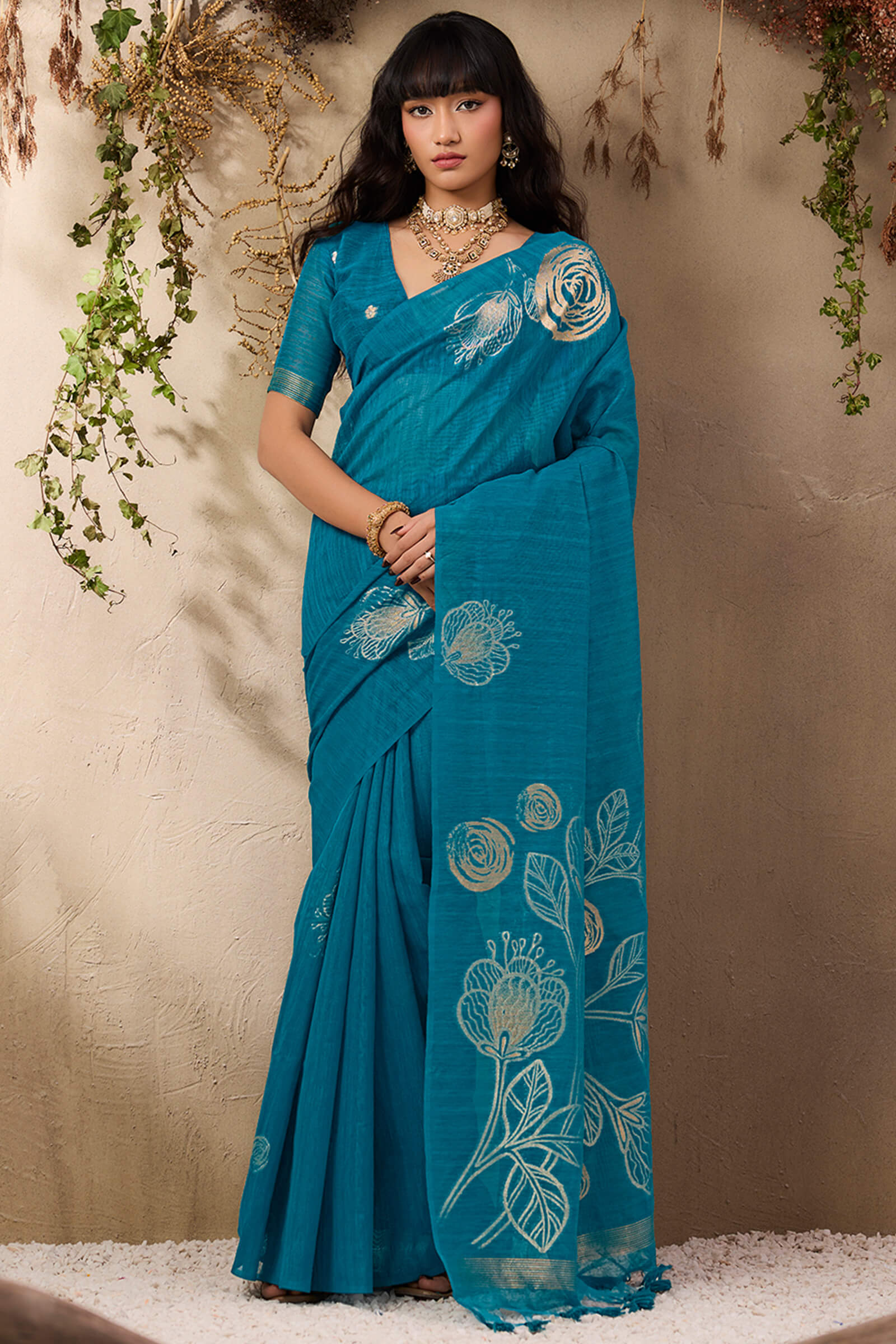 Ratatouille Firozi Cotton Silk Saree With Phenomenal Blouse Piece