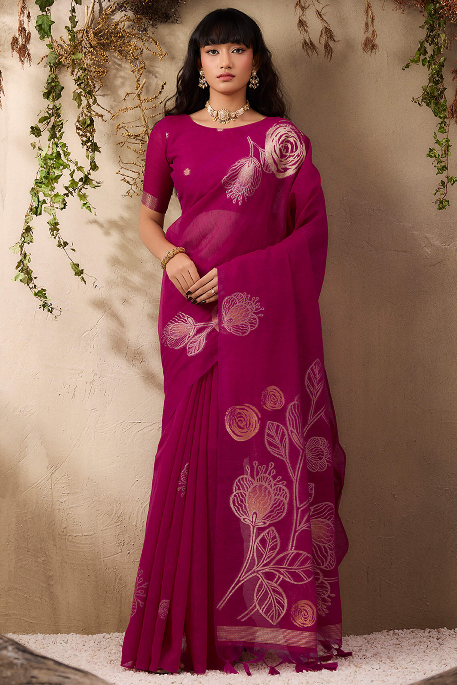 Unequalled Dark Pink Cotton Silk Saree With Bucolic Blouse Piece