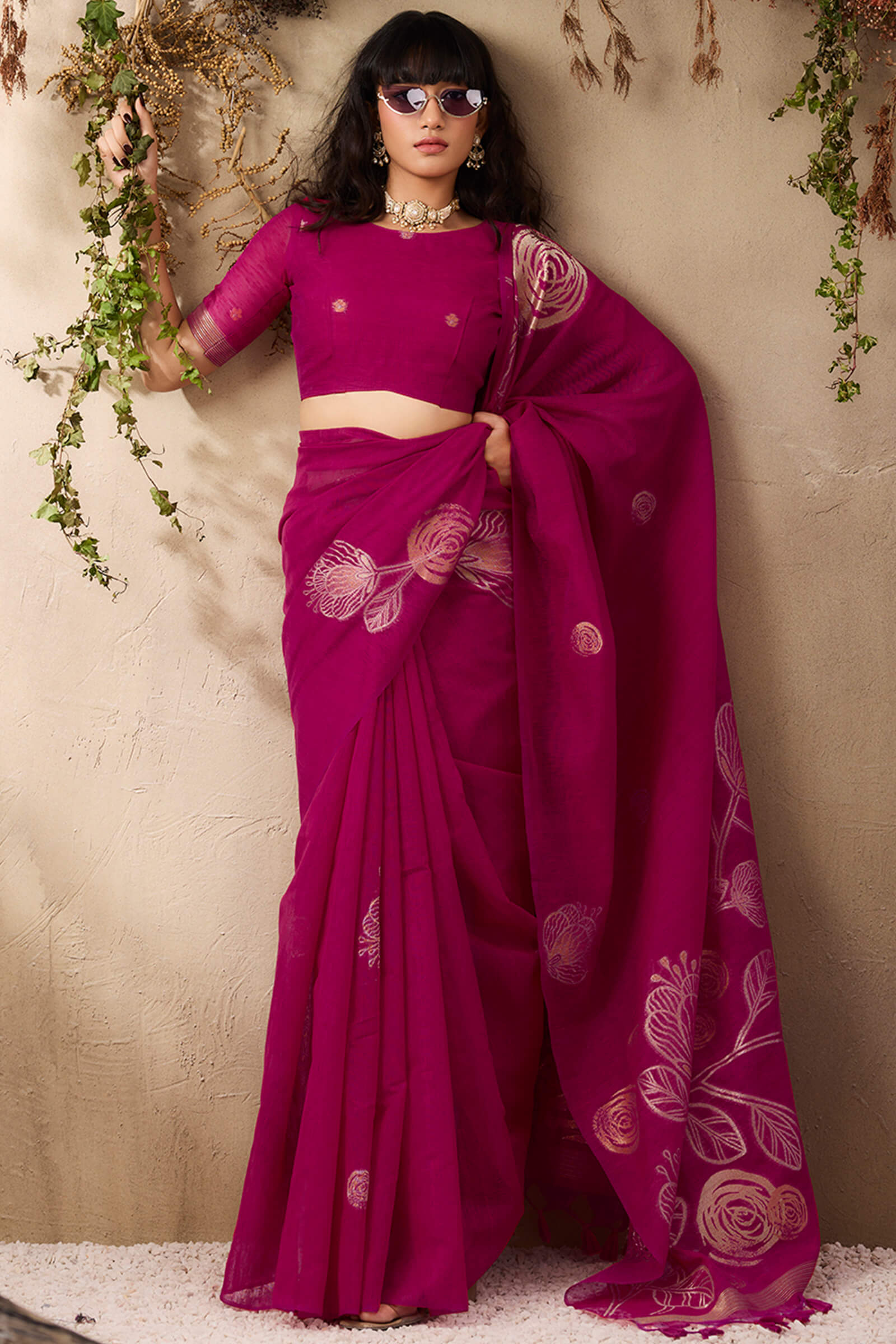 Unequalled Dark Pink Cotton Silk Saree With Bucolic Blouse Piece