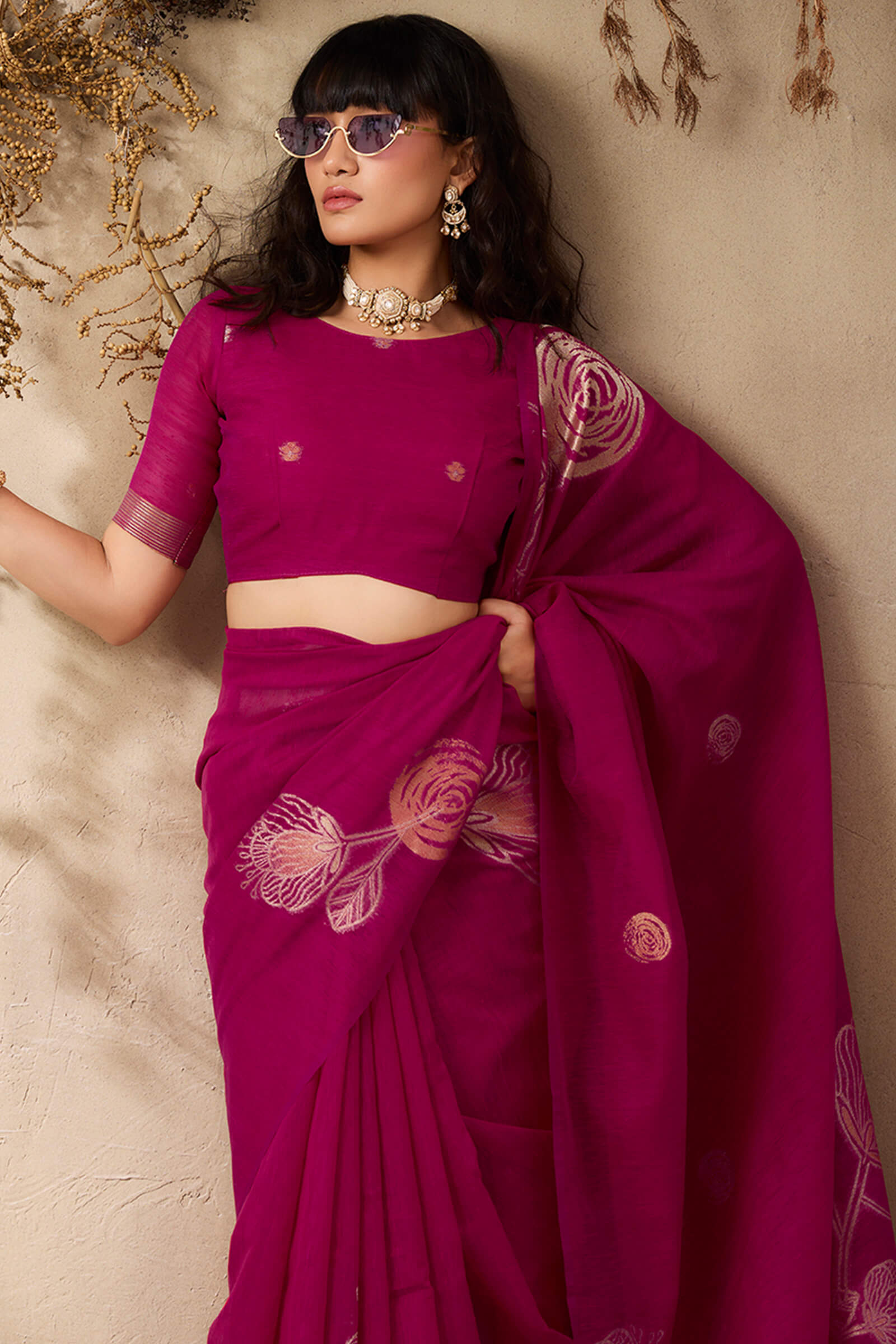 Unequalled Dark Pink Cotton Silk Saree With Bucolic Blouse Piece