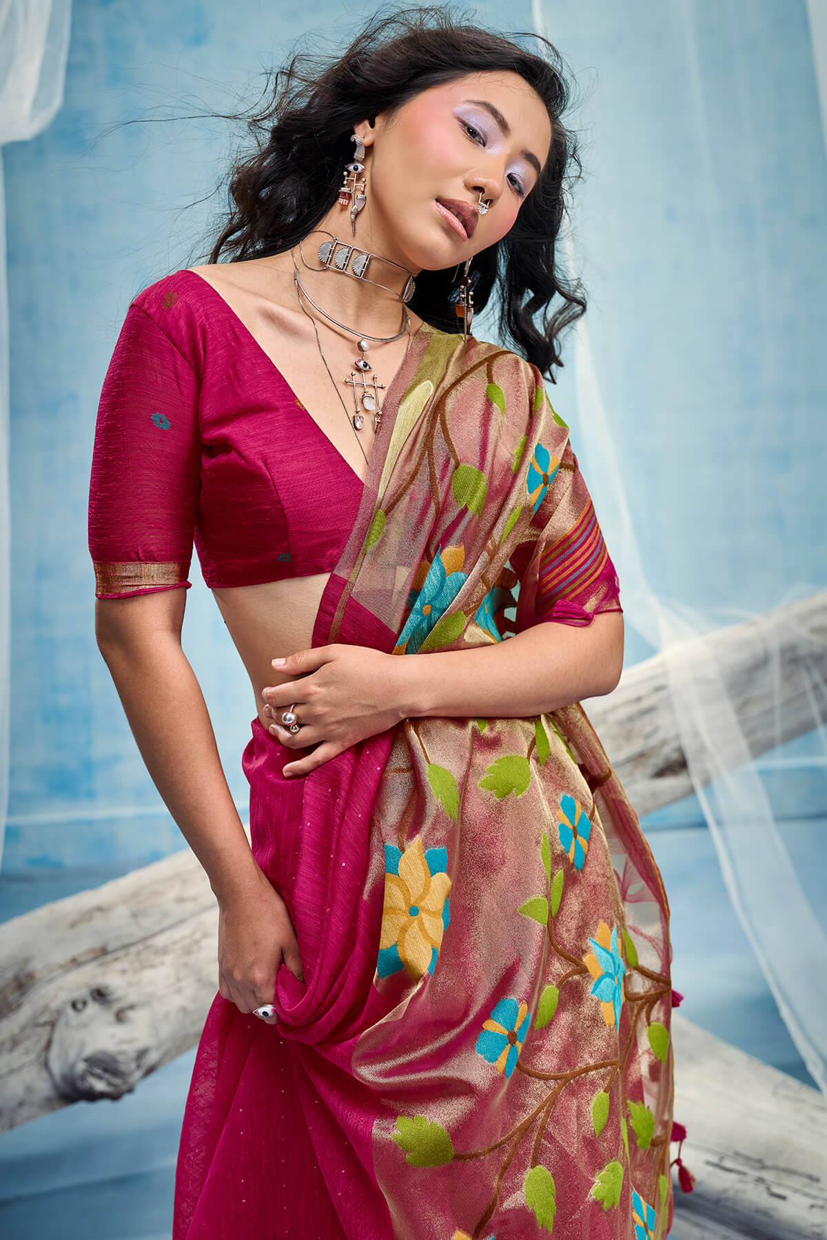 Symmetrical Dark Pink Pure Munga Cotton Silk Saree With Dalliance Blouse Piece