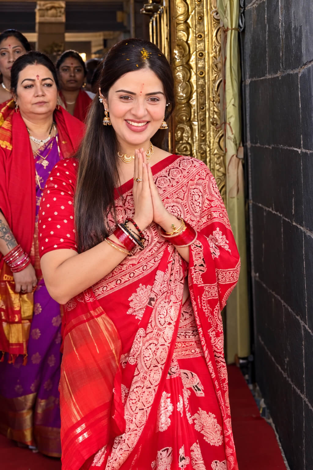Dalliance Red Pure Viscose Lagdi Patta Mirror Work Ajrakh Printed Saree