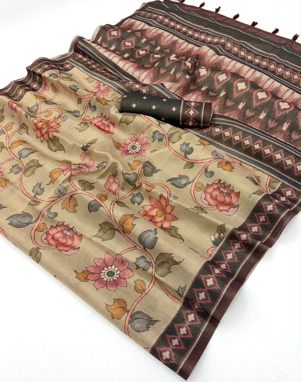 Elegant Dark Beige Printed Cotton Silk Saree With Posh Blouse Piece