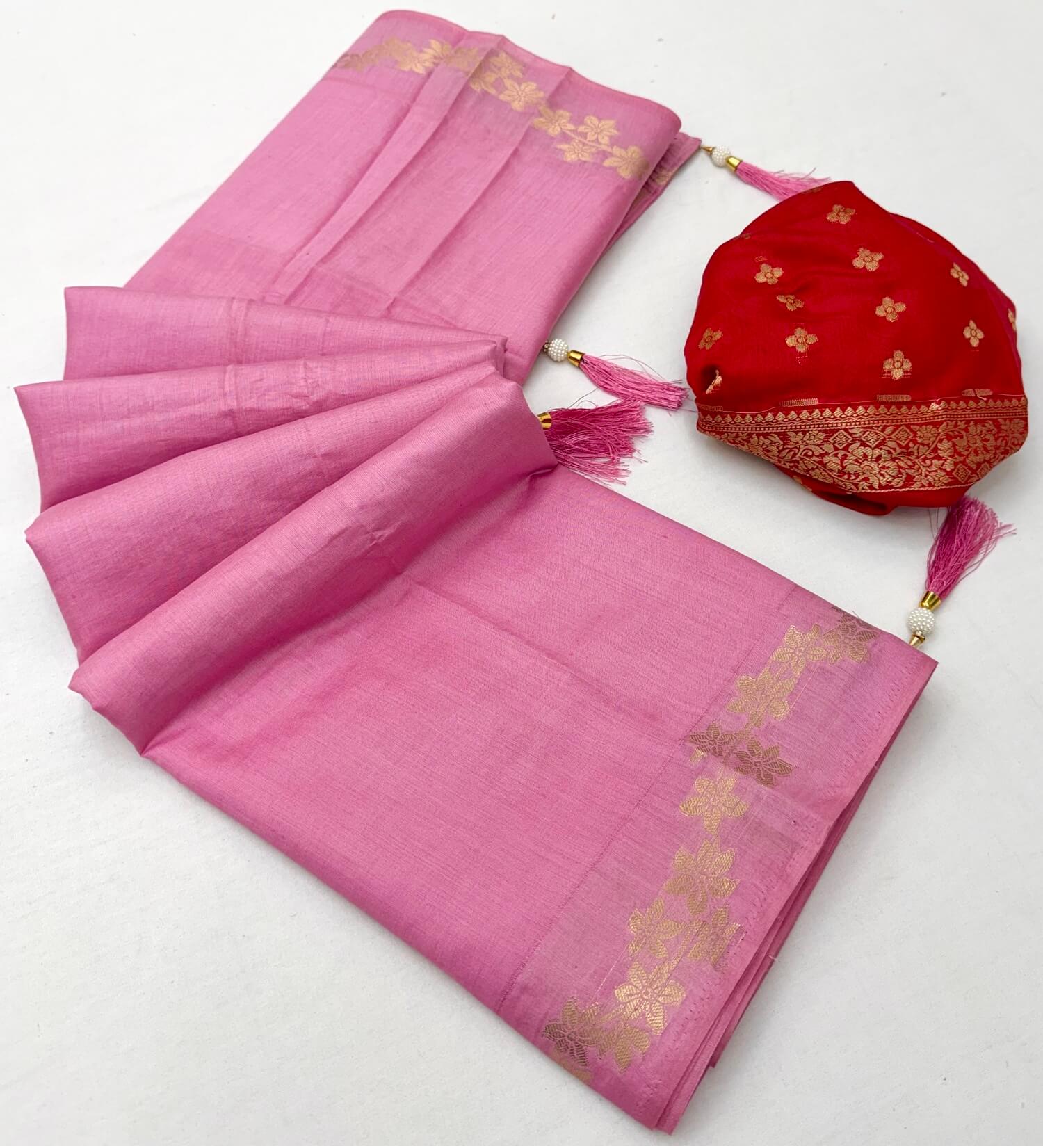 Flameboyant Pink Viscose Cotton Silk Saree With Invaluable Blouse Piece