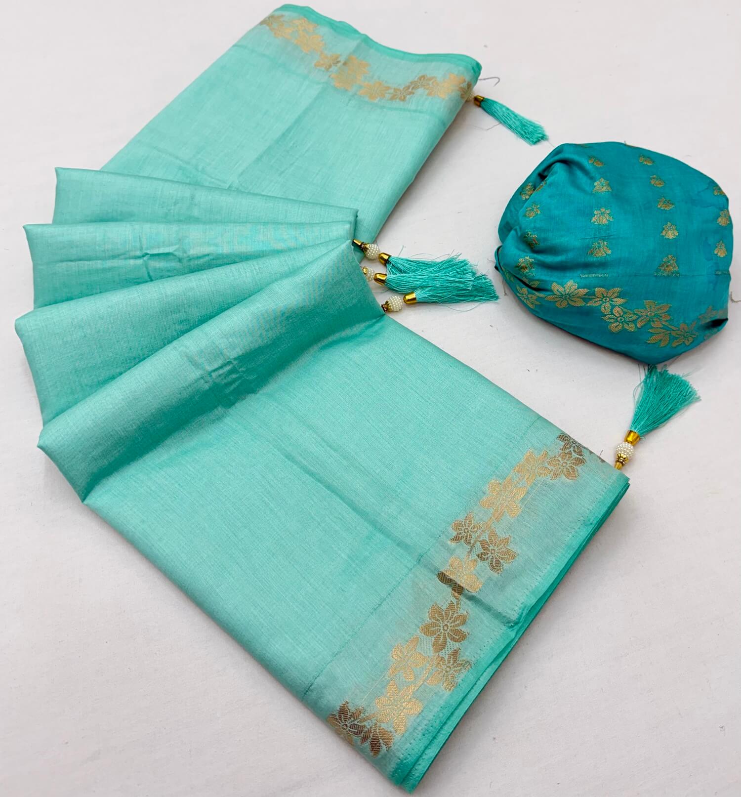 Groovy Turquoise Viscose Cotton Silk Saree With Engaging Blouse Piece