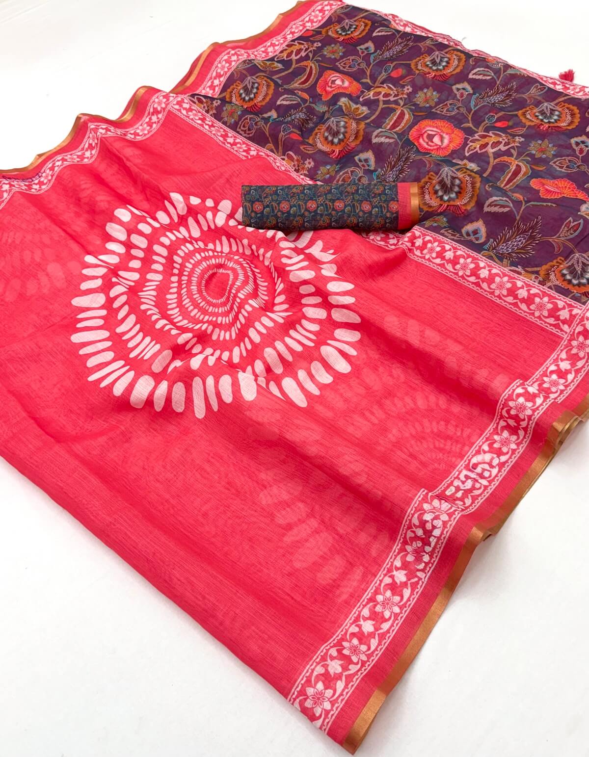 Gorgeous Dark Pink Printed Cotton Silk Saree With Luxuriant Blouse Piece
