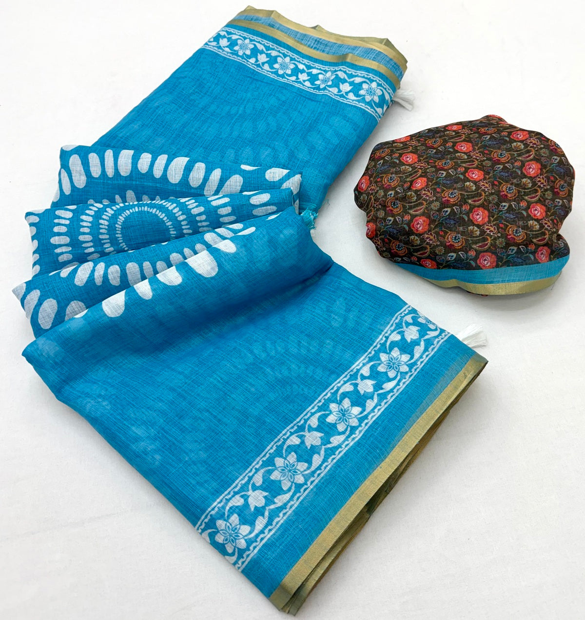 Assemblage Firozi Printed Cotton Silk Saree With Surpassing Blouse Piece