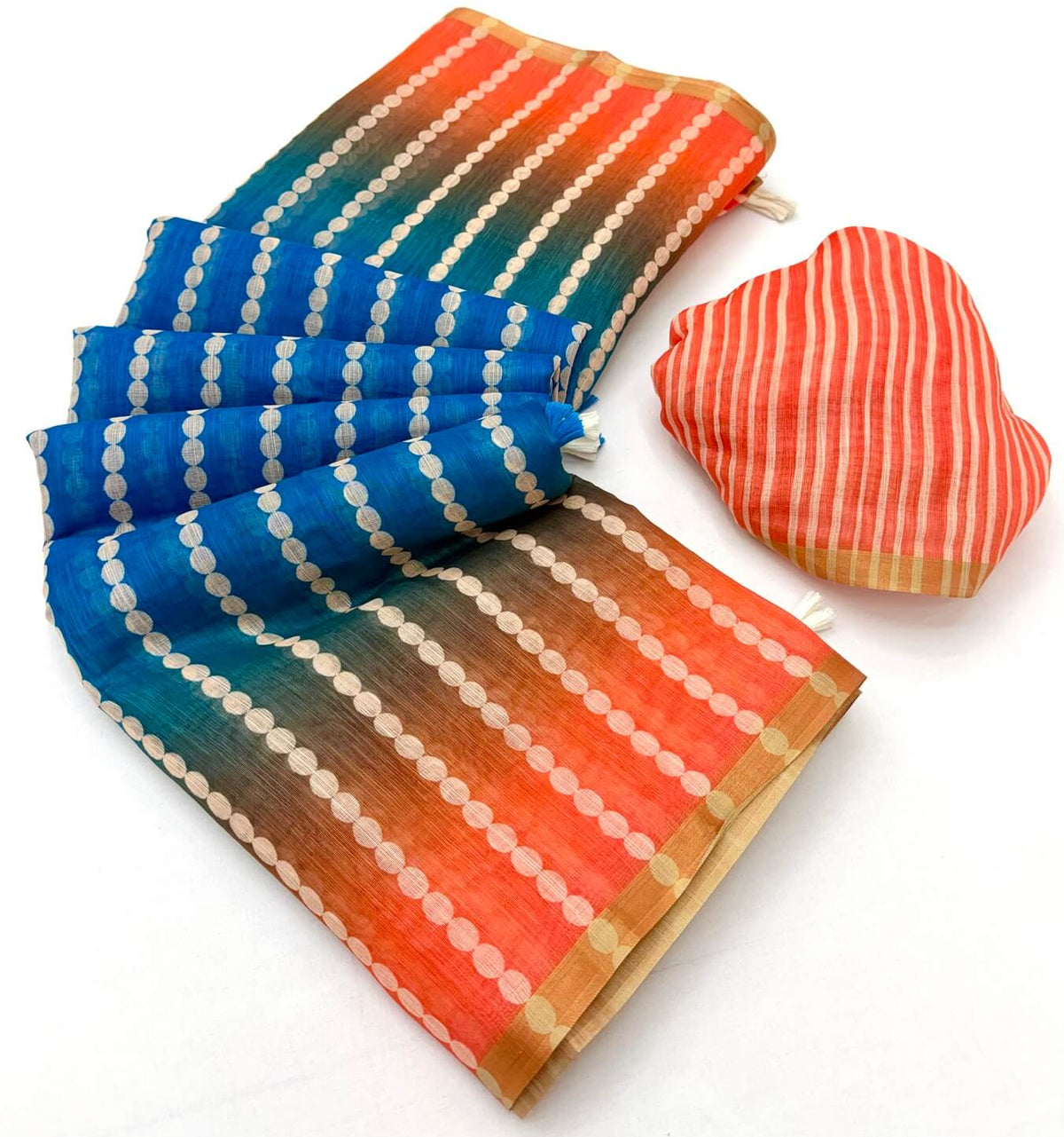 Fragrant Blue and Orange Printed Cotton Silk Saree With Classy Blouse Piece