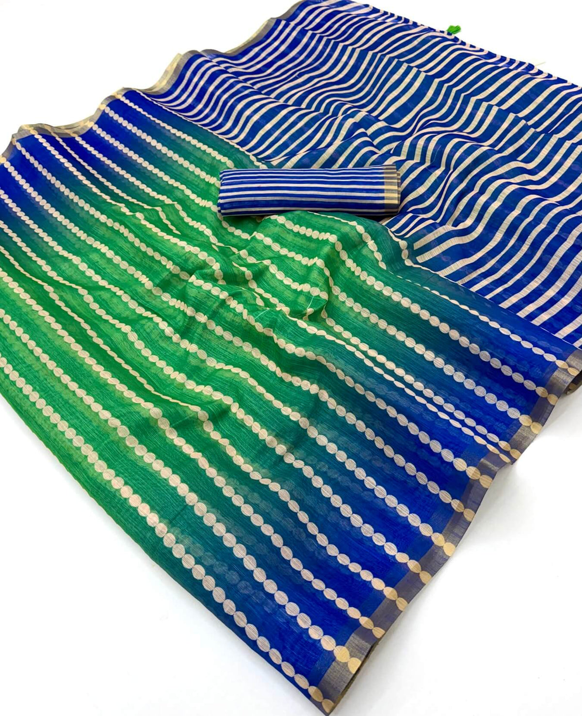 Opulent Green and Blue Printed Cotton Silk Saree With Luxuriant Blouse Piece
