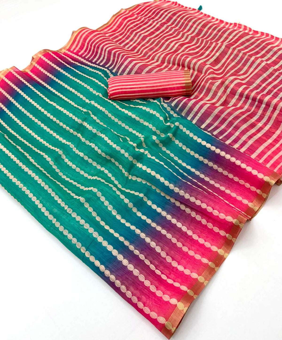 Traditional Green and Dark Pink Printed Cotton Silk Saree With Divine Blouse Piece
