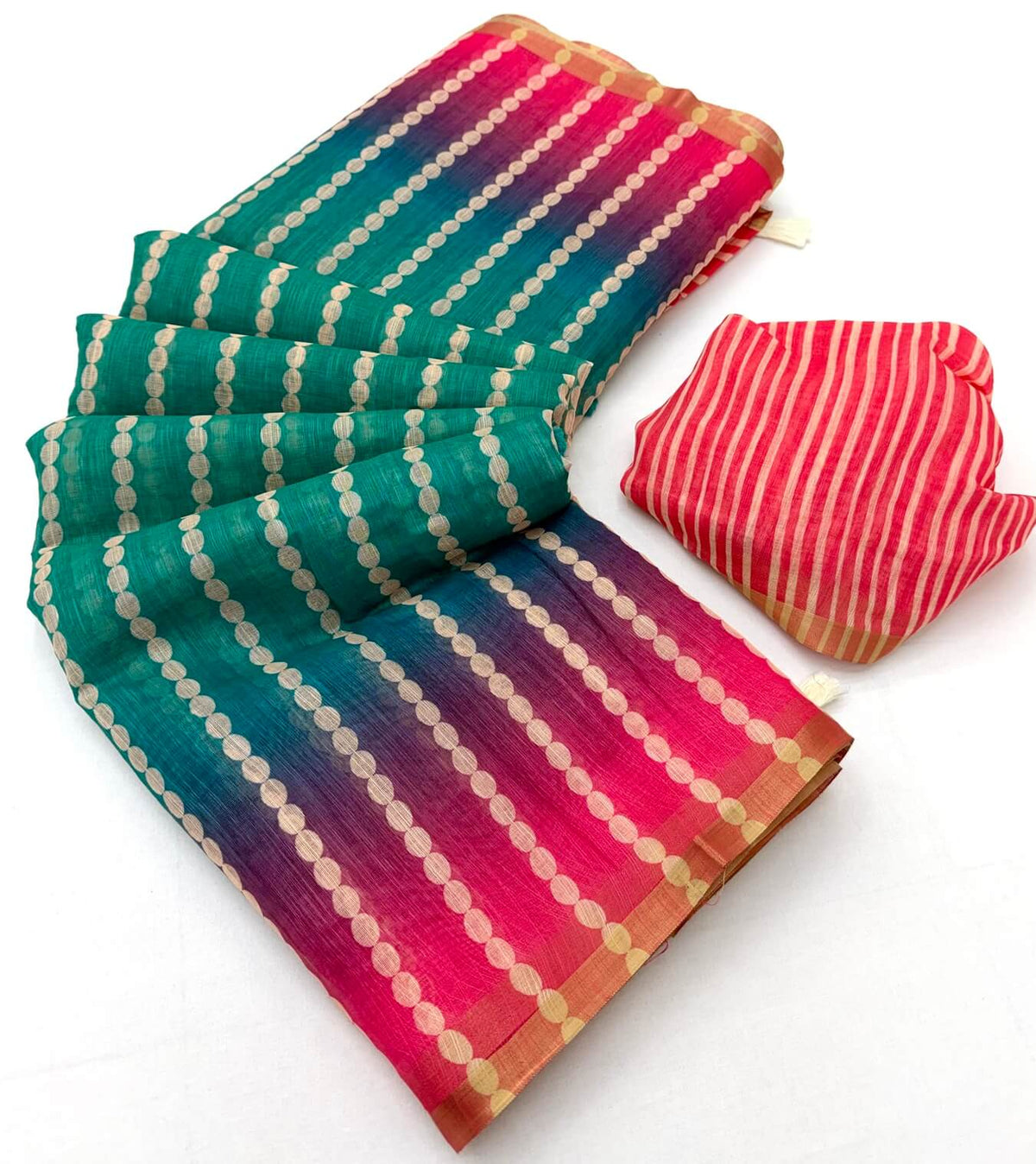 Traditional Green and Dark Pink Printed Cotton Silk Saree With Divine Blouse Piece
