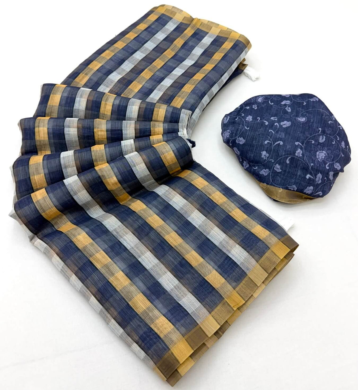 Adorning Navy Blue Printed Cotton Silk Saree With Evocative Blouse Piece