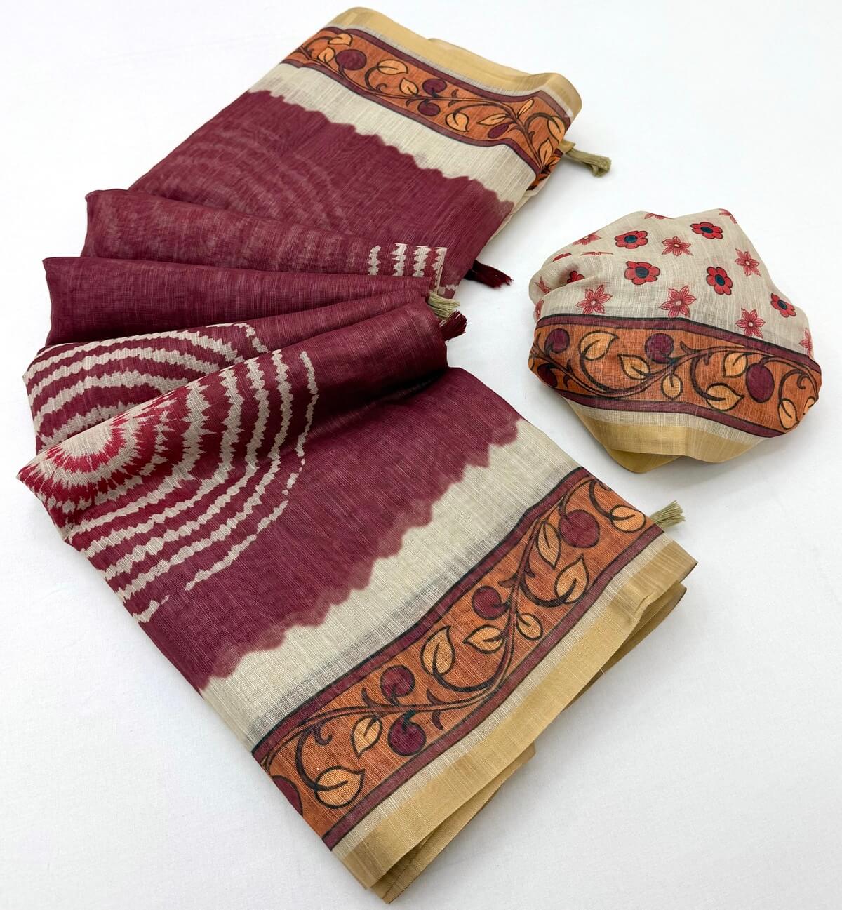 Amazing Wine Printed Cotton Silk Saree With Sonorous Blouse Piece