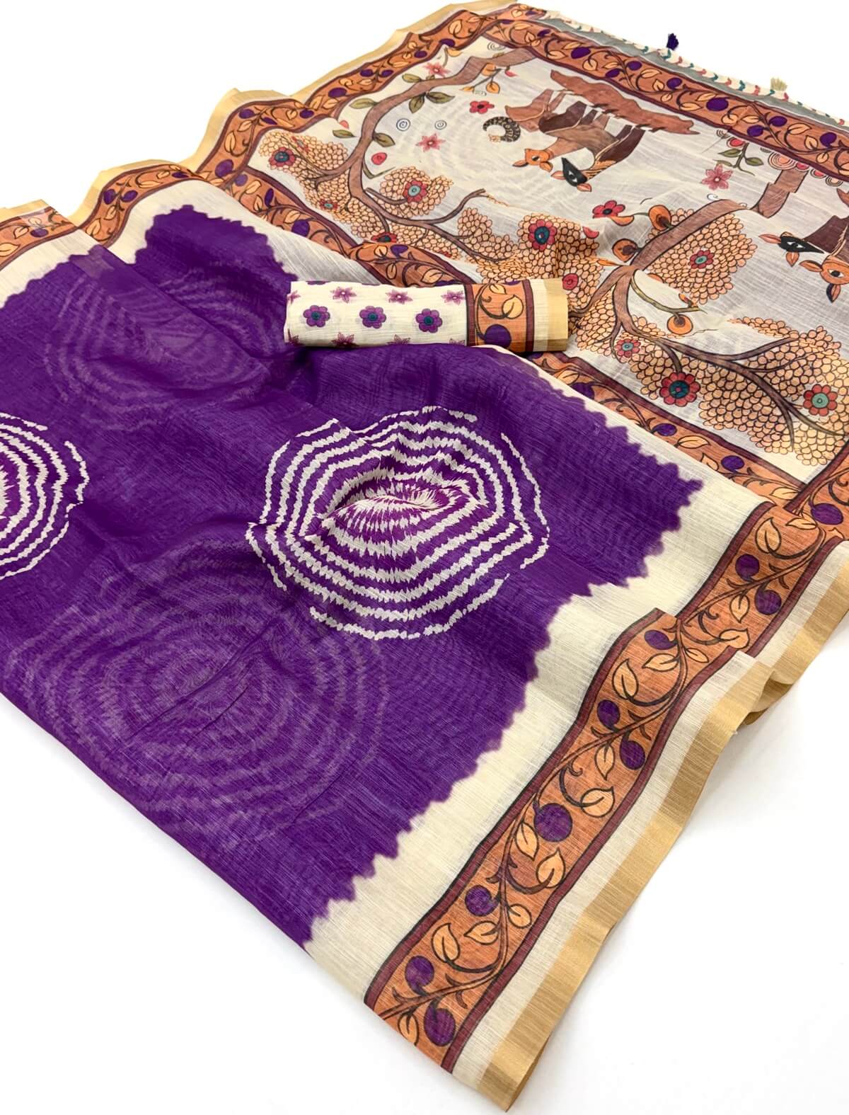 Felicitous Purple Printed Cotton Silk Saree With Desirable Blouse Piece