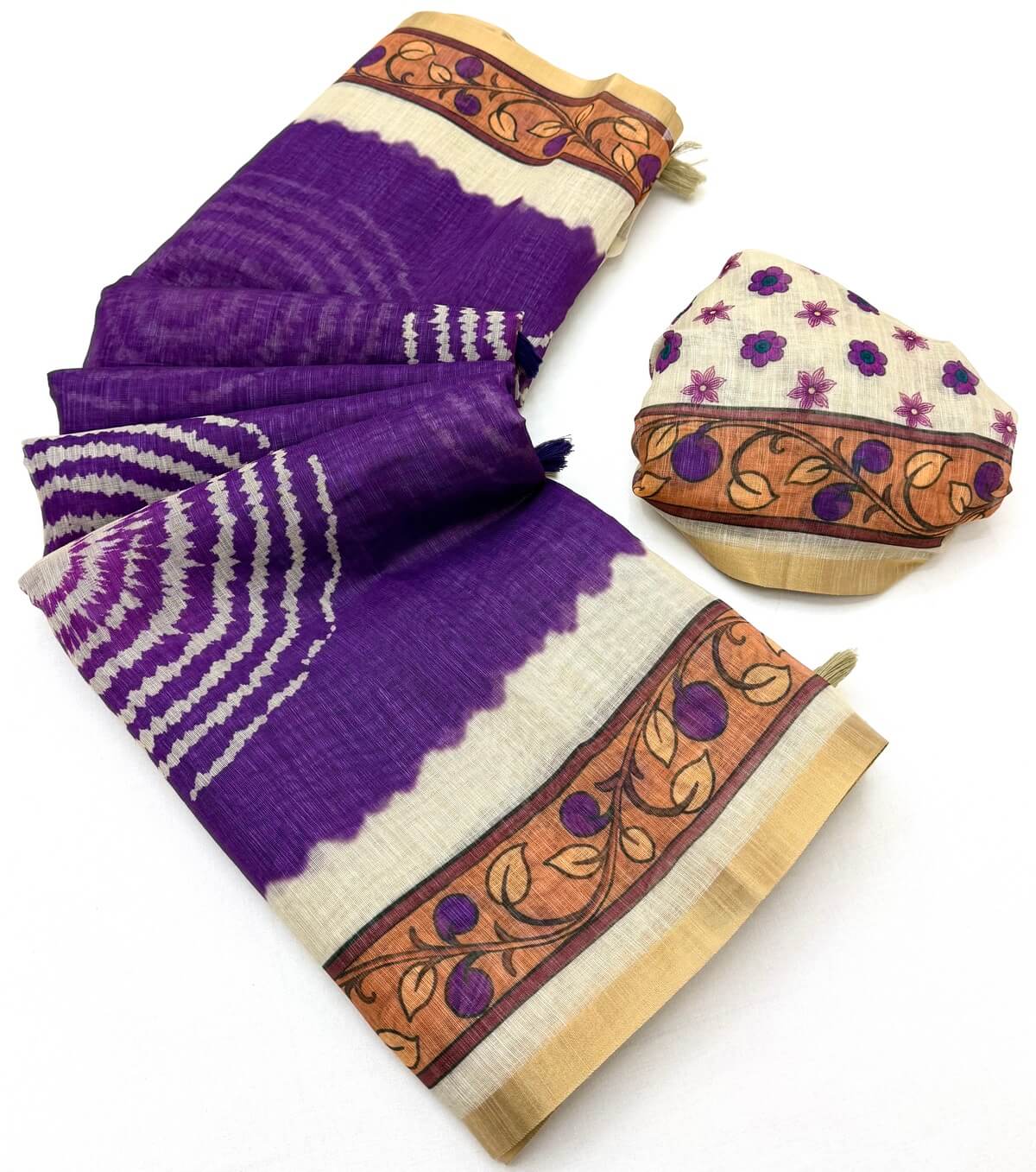 Felicitous Purple Printed Cotton Silk Saree With Desirable Blouse Piece