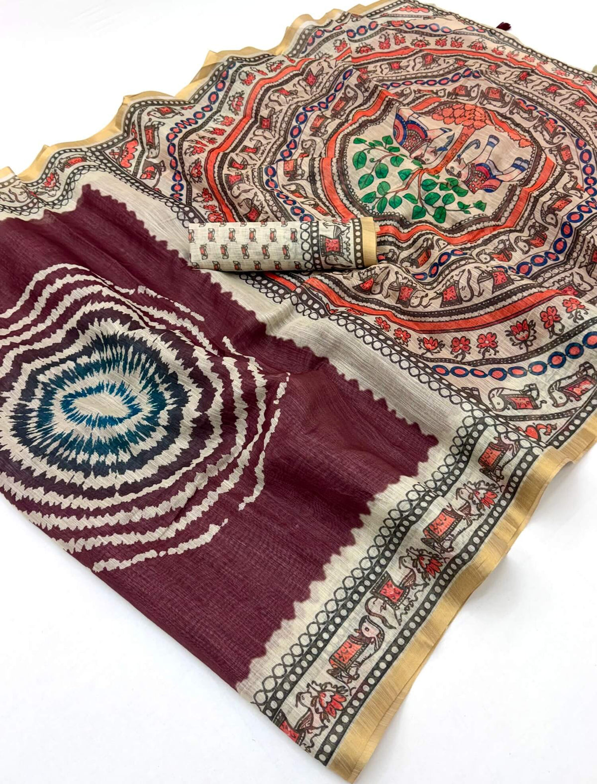 Epiphany Wine Printed Cotton Silk Saree With Allure Blouse Piece