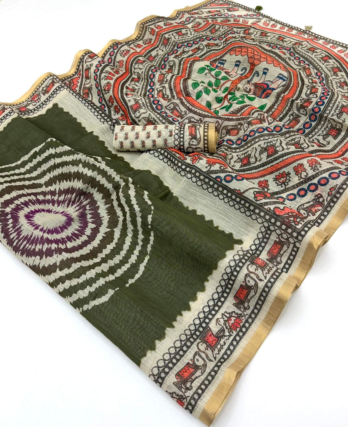 Ailurophile Dark Green Printed Cotton Silk Saree With Beleaguer Blouse Piece