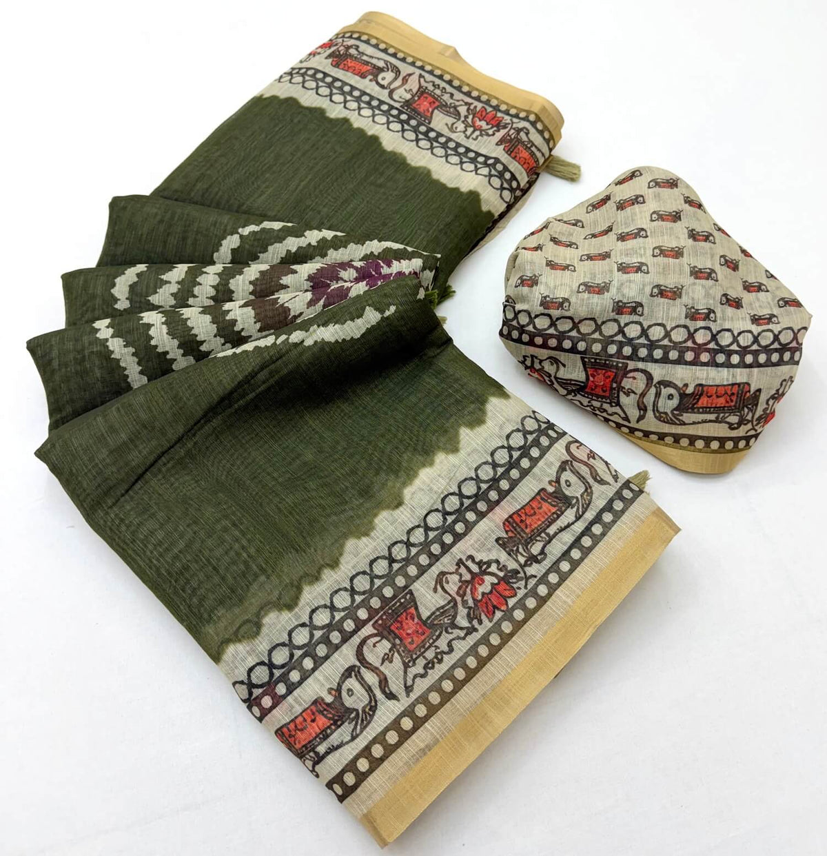 Ailurophile Dark Green Printed Cotton Silk Saree With Beleaguer Blouse Piece