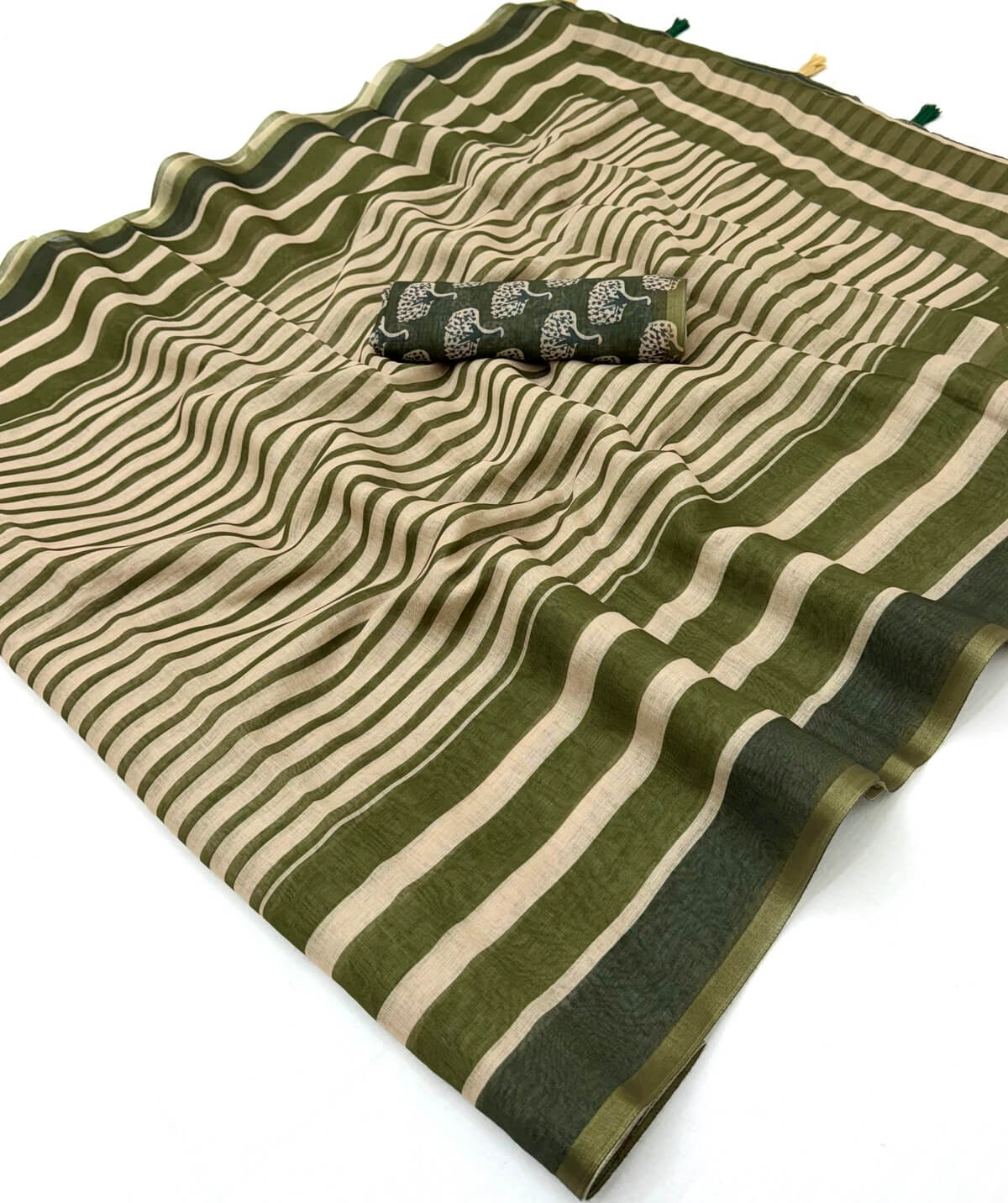 Ratatouille Beige and Green Printed Cotton Silk Saree With Stunner Blouse Piece