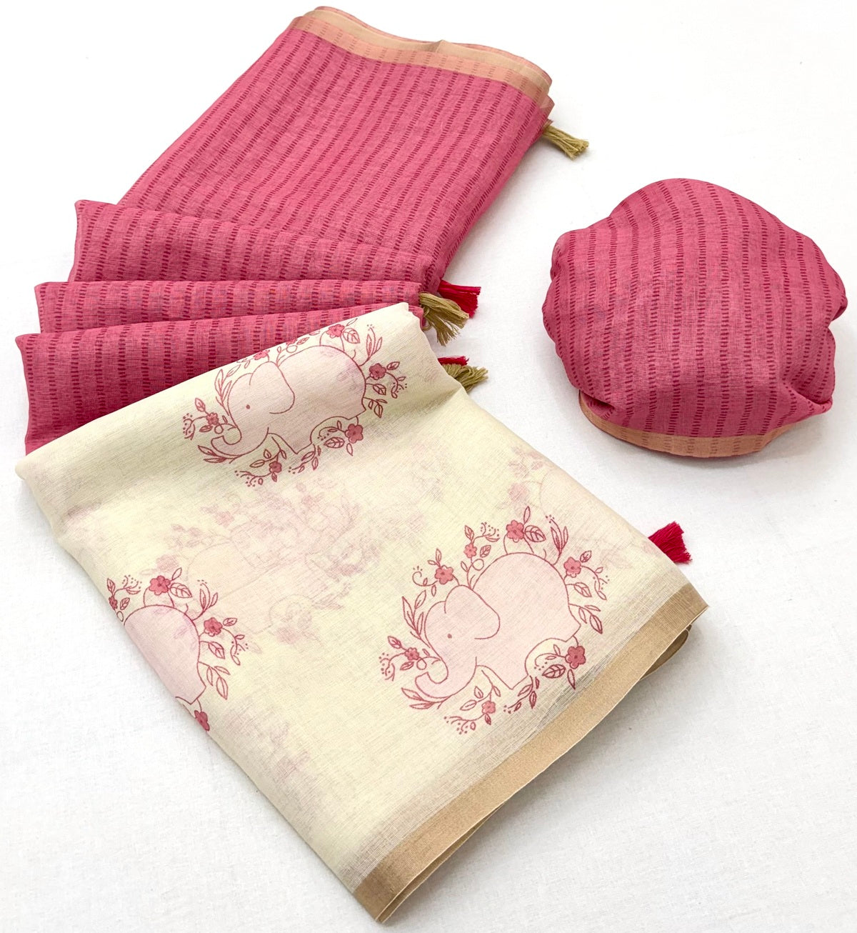 Moiety Beige And Pink Printed Cotton Silk Saree With Ailurophile Blouse Piece