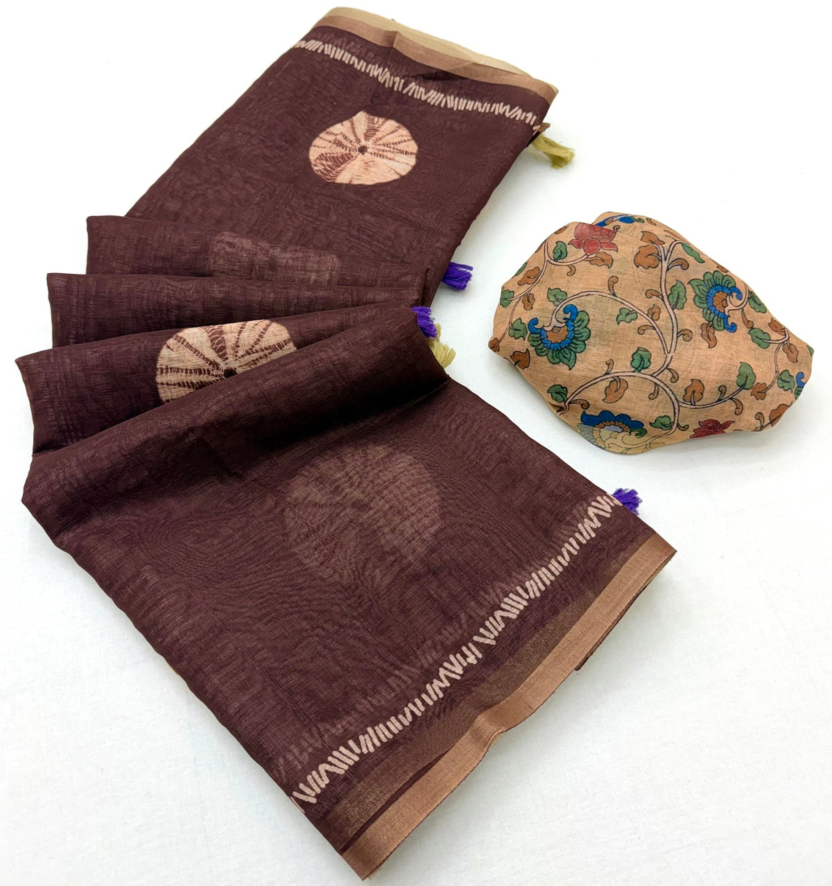 Petrichor Brown Printed Cotton Silk Saree With Enthralling Blouse Piece