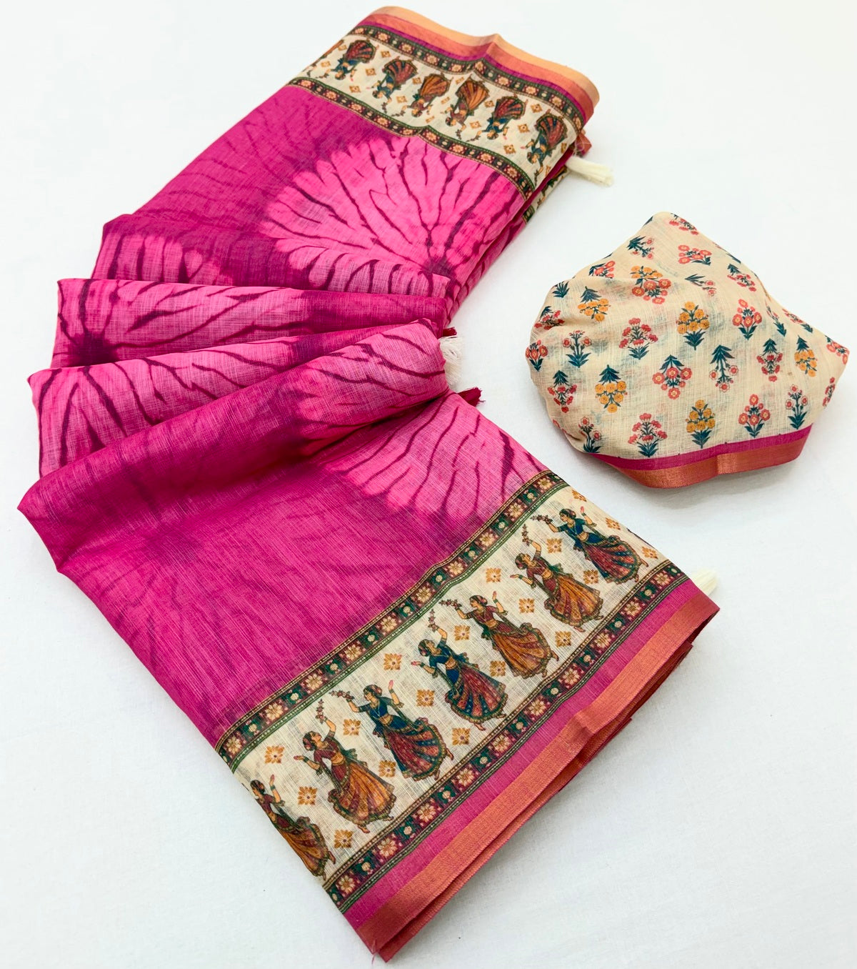 Woebegone Dark Pink Printed Cotton Silk Saree With Assemblage Blouse Piece