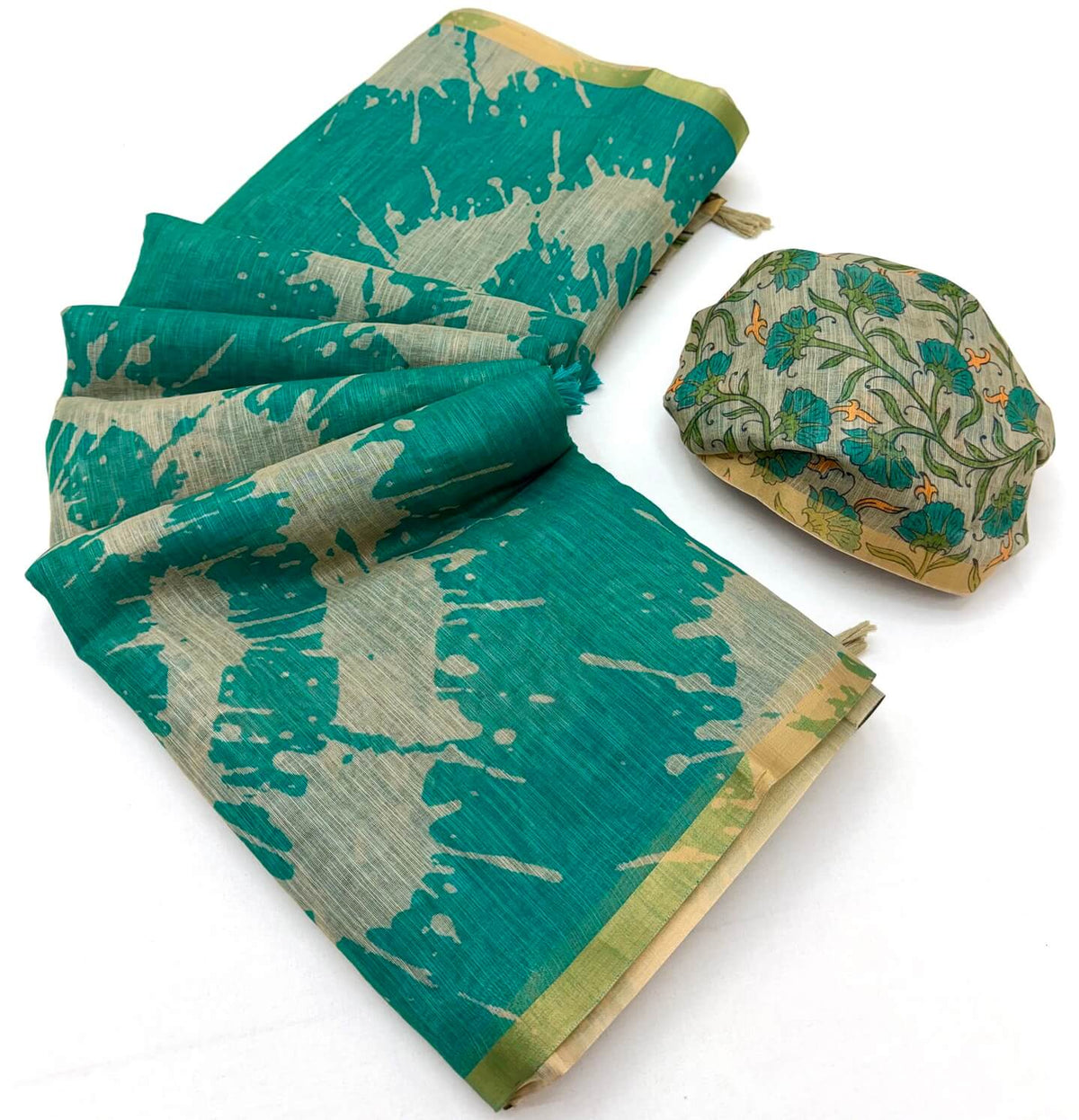 Sumptuous Rama Printed Cotton Silk Saree With Grandiose Blouse Piece