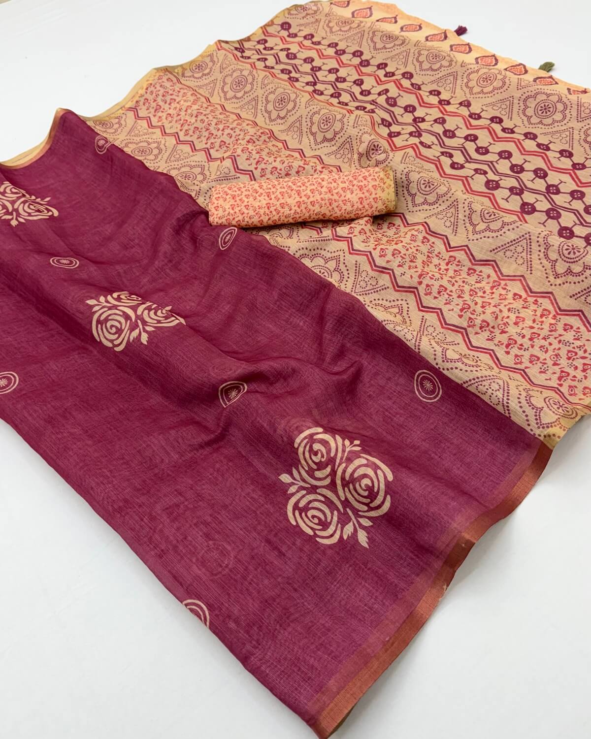 Jubilant Maroon Printed Cotton Silk Saree With Outstanding Blouse Piece