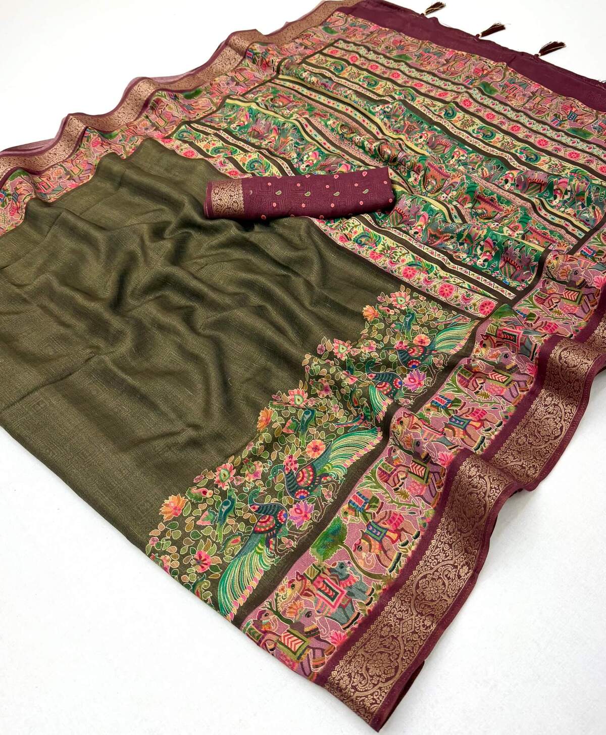 Quintessential Mehndi Printed Viscose Silk Saree With Bucolic Blouse Piece