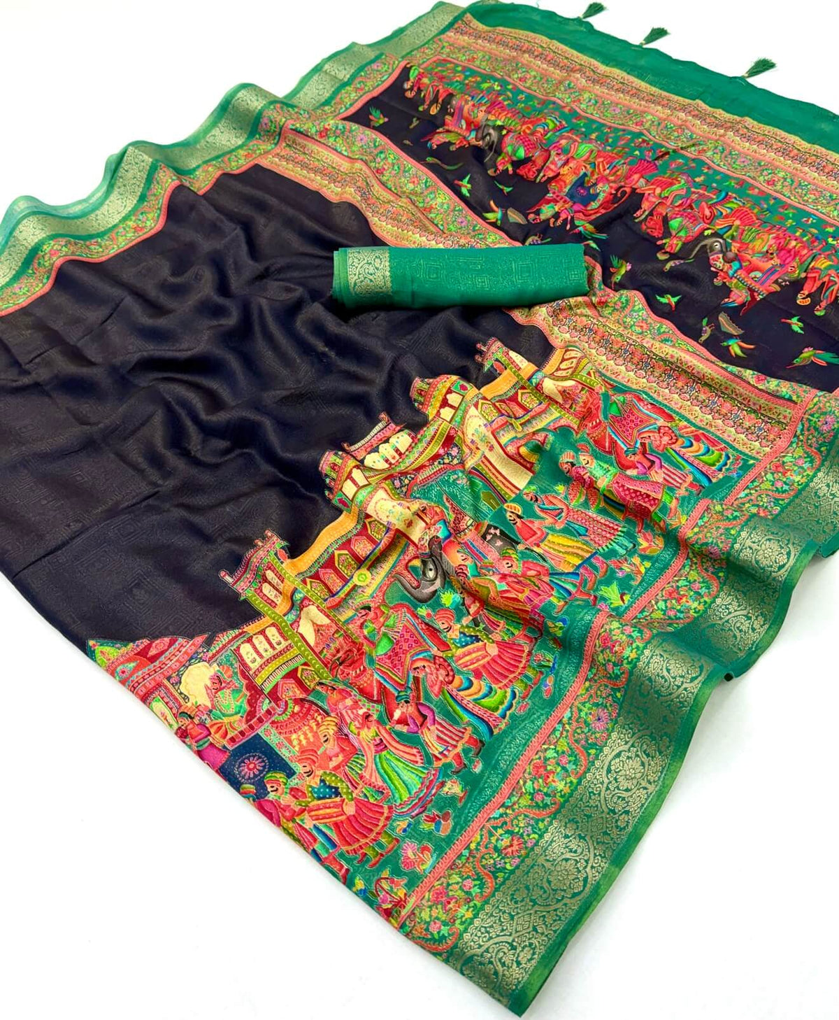 Verdant Black Printed Viscose Silk Saree With Beauteous Blouse Piece