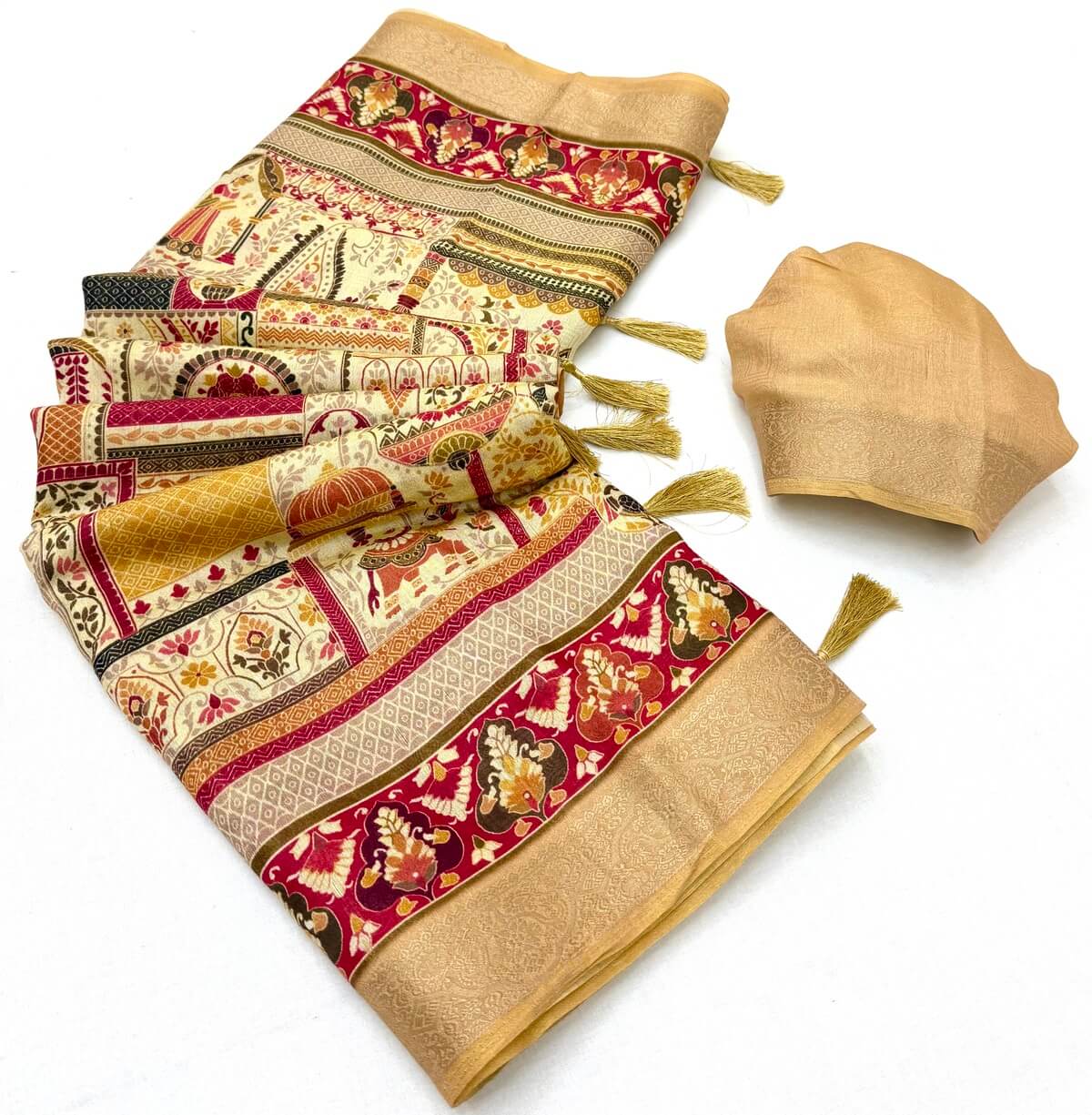 Energetic Beige Printed Viscose Silk Saree With Dazzling Blouse Piece