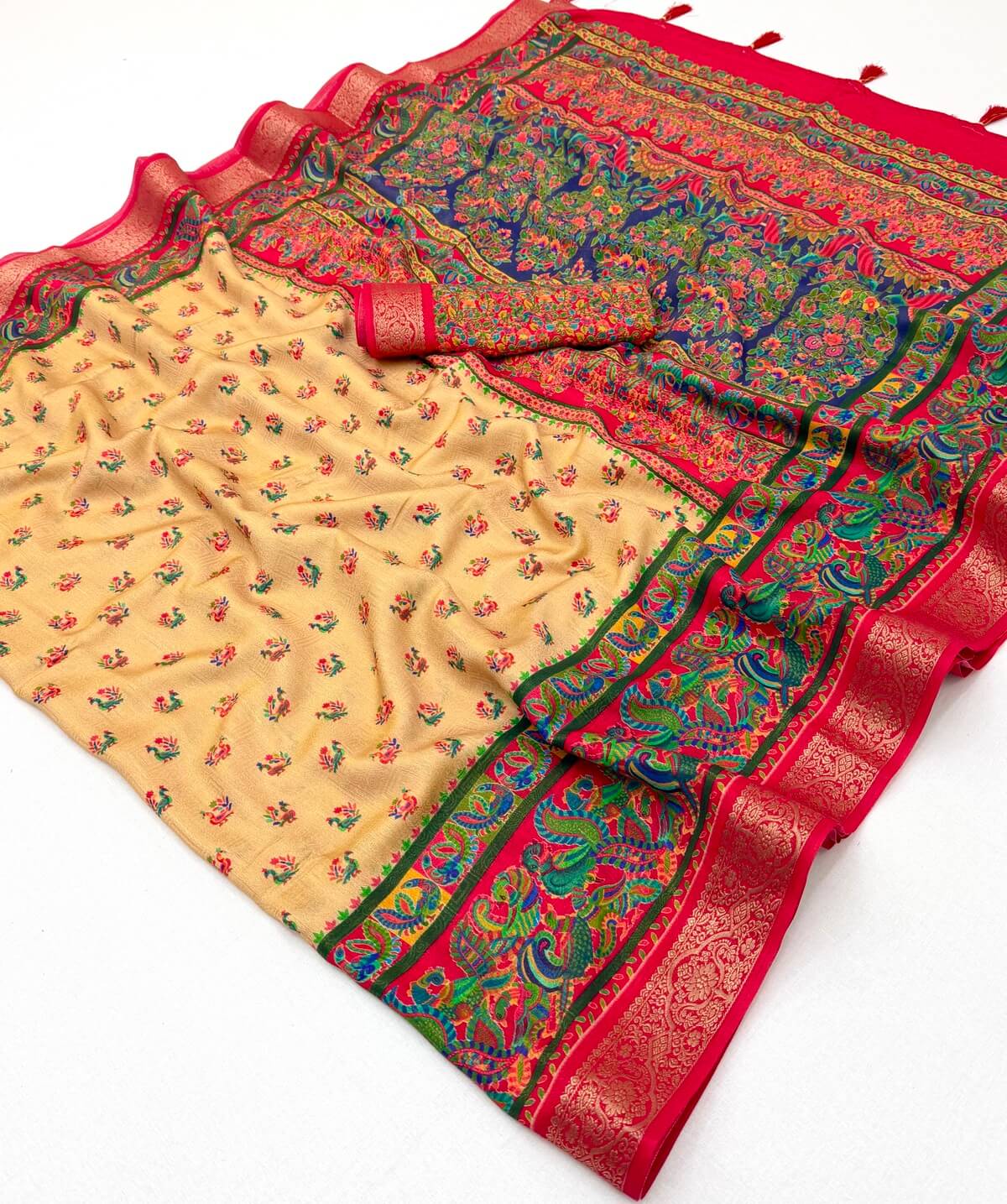 Comely Beige Printed Viscose Silk Saree With Petrichor Blouse Piece