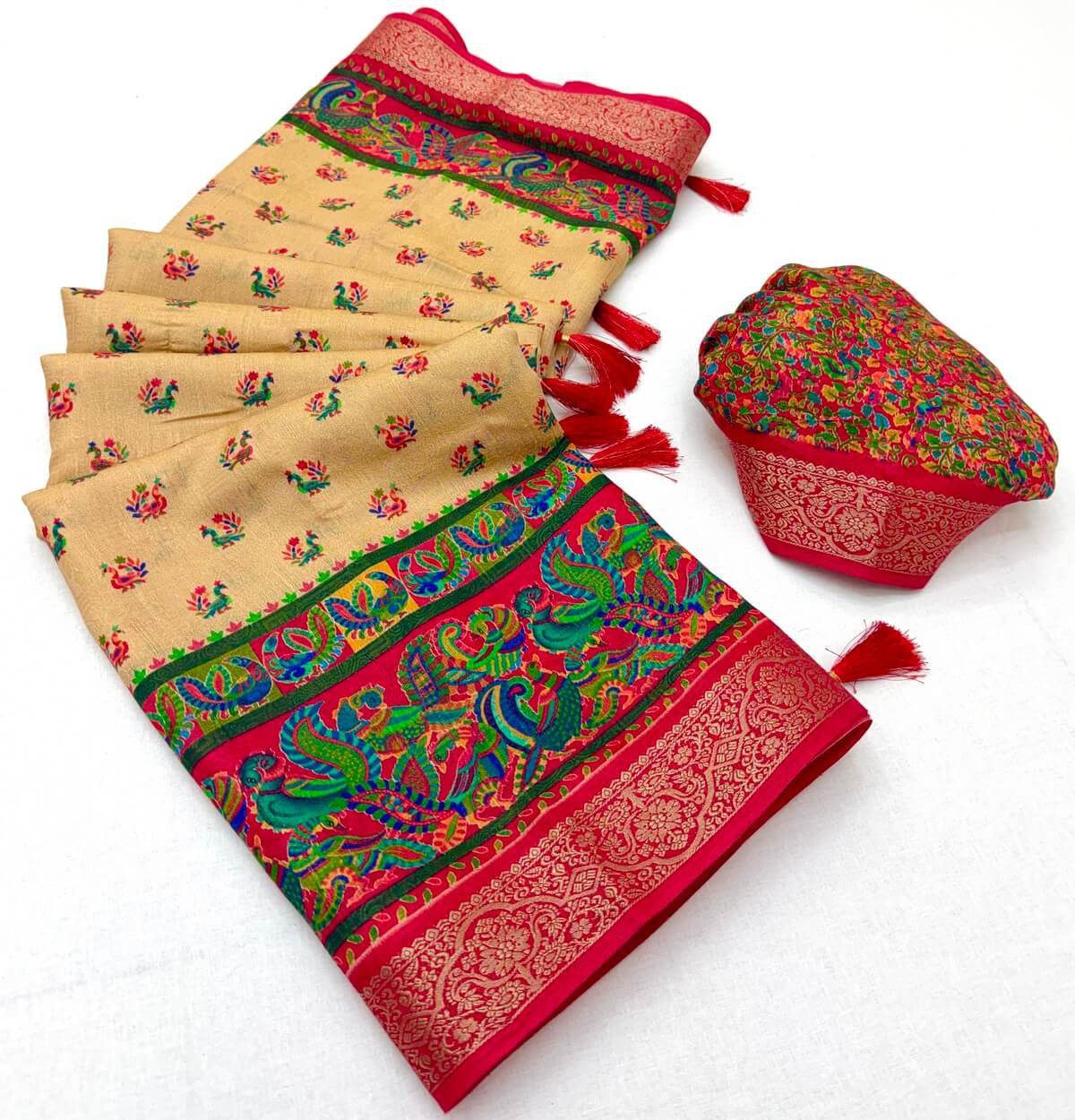 Comely Beige Printed Viscose Silk Saree With Petrichor Blouse Piece