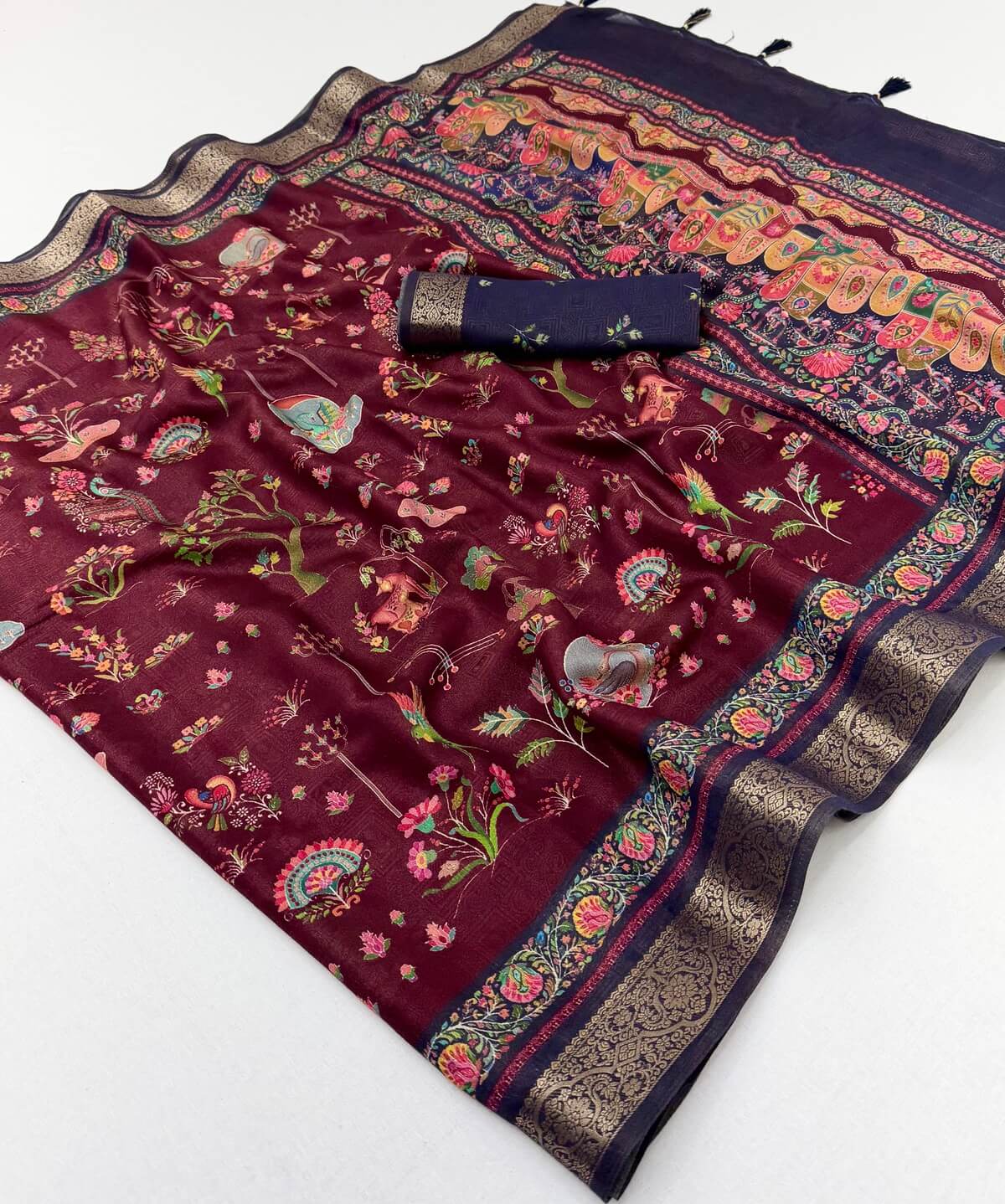 Inspiring Wine Printed Viscose Silk Saree With Engrossing Blouse Piece